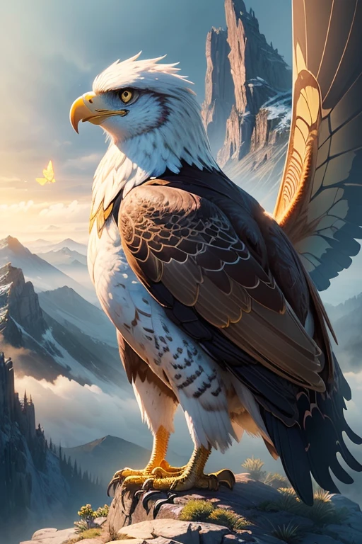 "((masterpiece)) Eagle in the ((foggy)) ,((magical light mountain :1.2))at early sunrise time, with ((bright shy sunlight is recommended for scene:1.2)), a glowing magical eagle , golden glowing flowers ,((glowing butterfly )), beautiful magical style, golden water reflection,fierce, concept art, digital painting."