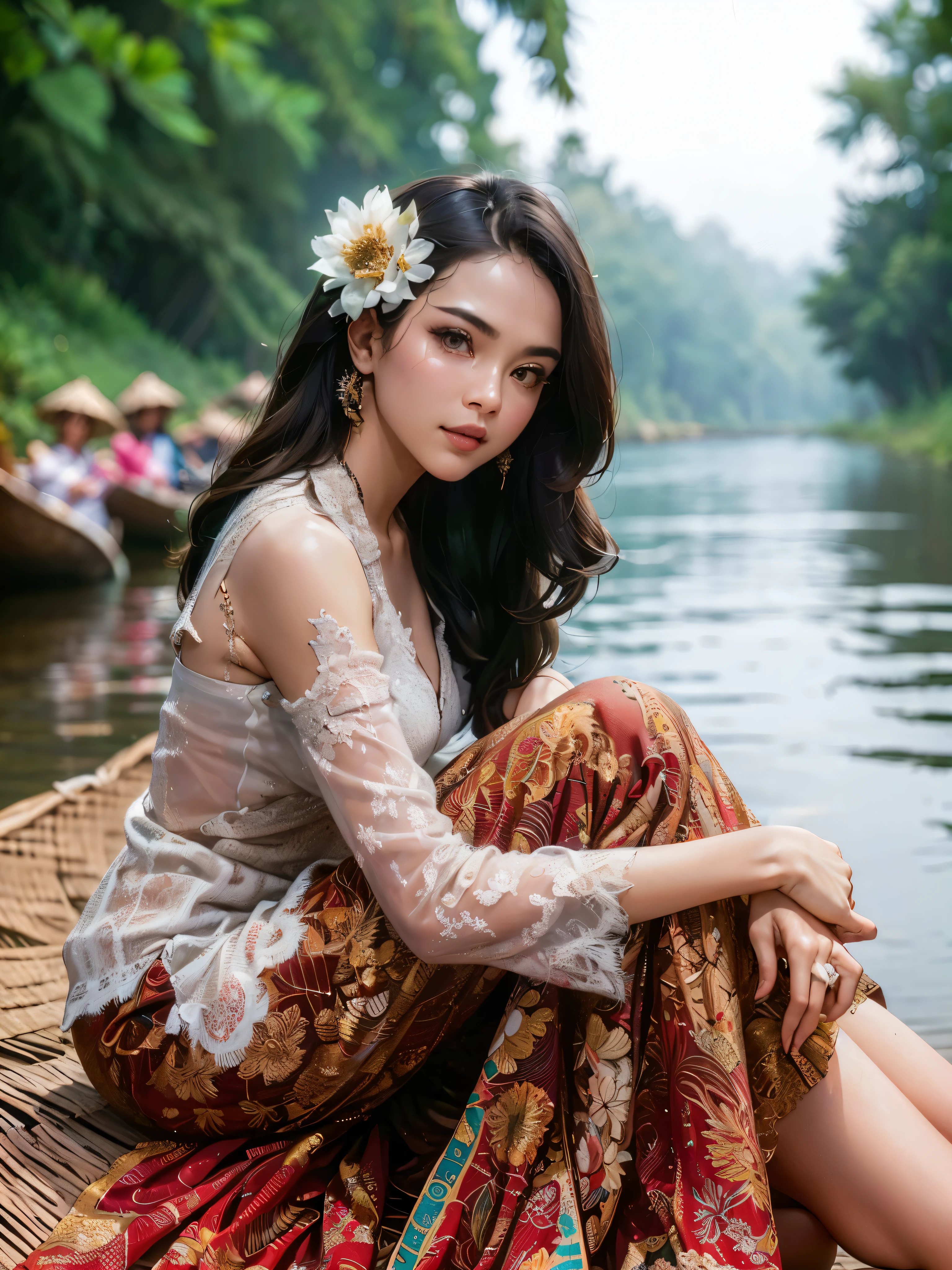 arafed woman sitting on a boat in a river with a flower in her hair, traditional beauty, beautiful oriental woman, vietnamese woman, gorgeous woman, beautiful asian woman, gorgeous lady, beautiful asian girl, sukhothai costume, south east asian with long, dramatic smile pose intricate, asian woman, traditional art, beautiful woman, traditional, an asian woman, traditional clothes, masterpiece, best quality:1.2),,(8k,highres,RAW photo,realistic,photo-realistic:1.3),(detailed skin texture,detailed cloth texture,beautiful detailed face:1.25),professional lighting,photon mapping,beautiful soft light,radiosity,physically-based rendering,raytracing, model shoot style, model shoot style, (extremely detailed CG unity 8k wallpaper), full shot body photo of the most beautiful artwork in the world,