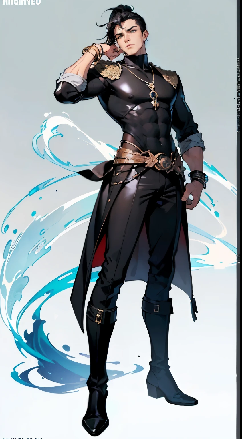 ((masterpiece,best quality,8k,highres)),((character concept art)), 1 male, young adult male, merchant guild leader, 183cm height, extraordinary handsome, charming, serious face, menacing, incredible body build ((muscular)), ultra finely detailed eyes (green eyes colour), intricate details, man short hair, ponytail, ((black hair colour)), super finely detailed hands, ultra finely detailed fingers (((ten fingers))), stylish merchant outfit (white colour), black boots, bracelet, necklace, standing still, hand still, no hand gesture, full body showcase, (show full body), ((only show character)), (no logos on background), (no logo), (( background)), ((plain background)),((plain background)), (((empty background)))