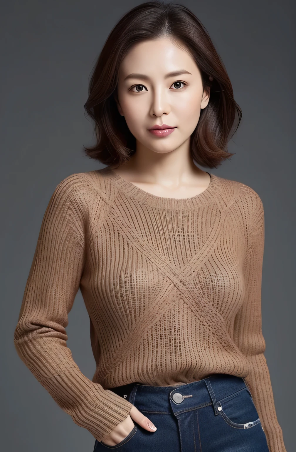 hight resolution, high-level image quality, high detailing, masterpiece, Textured skin, tre anatomically correct, sharp, greybackground((japanes, 25-years old)), 独奏, large with good shape, Straight light brown hair that reaches to the shoulders, chubby figure (((erect th, facing the center of the screen.))), Close your mouth and look straight ahead with a serious face, Sweaters, skirt by the, ((cowboy shot)),