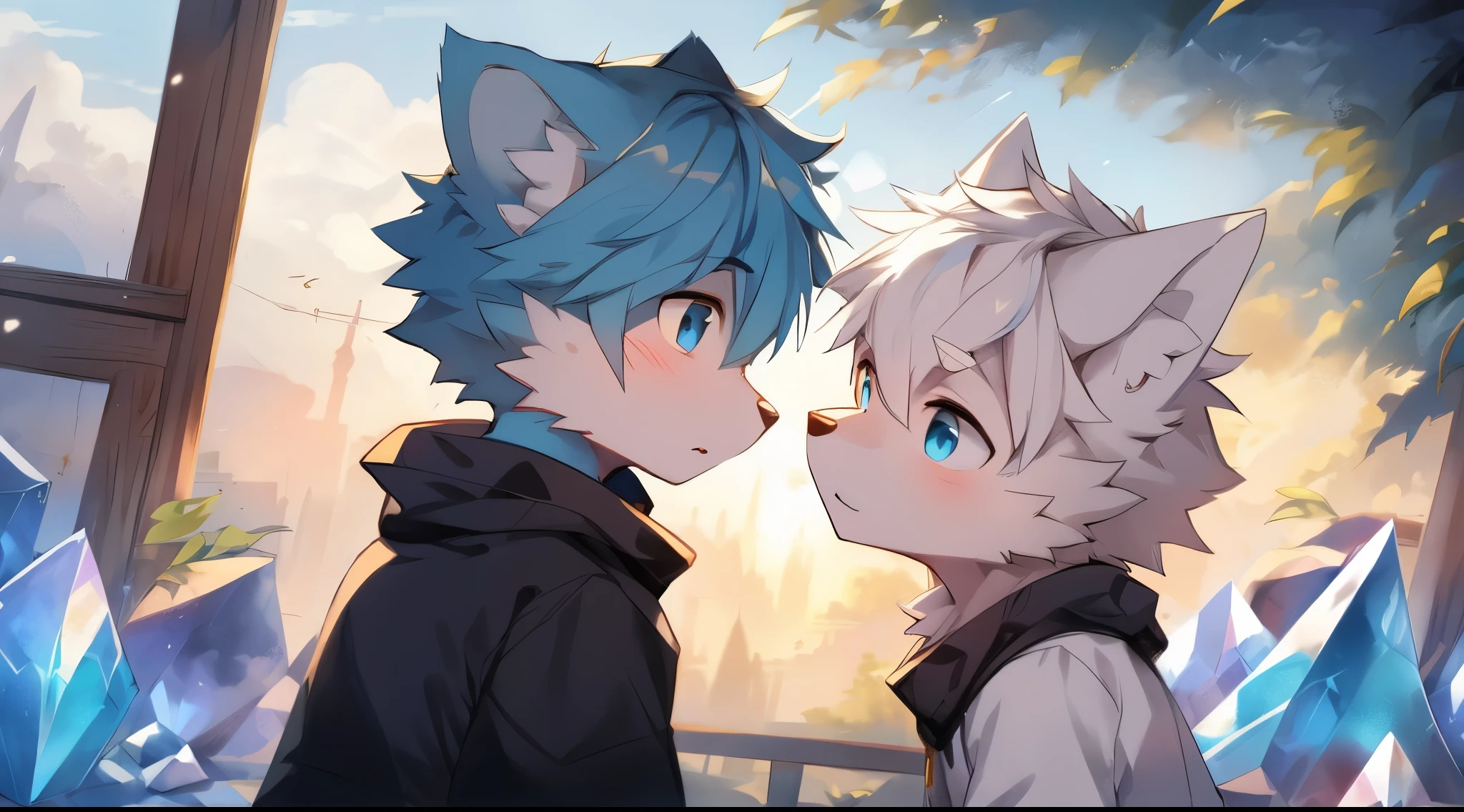 hairy pubic，Wolf Boy，White fur，crystal blue eyes，单hairy pubic尾巴，whaite hair，Short hair detaileachside，In the setting sun，blue and white hair，Correct facial features