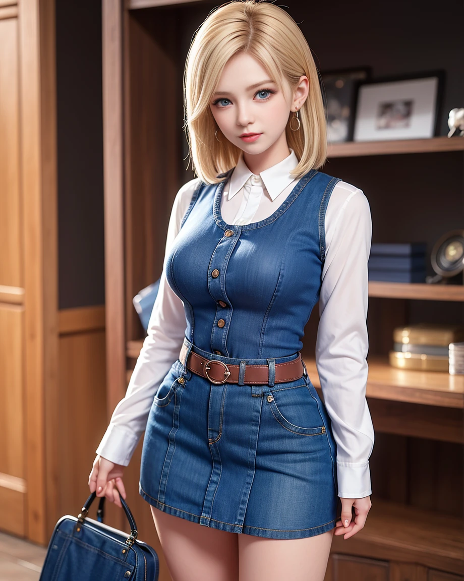 Android 18, Large breasts, Belt bag, blue Skirt, Looking at Viewer, denim, black Shirt, Short hair, Sweat, Solo, denim Skirt, cleavage, Skirt, Blonde hair, thighs thighs thighs thighs, Blue eyes, Shirt, vests, 1girl in, earrings, blush, Jacket, thick thighs thighs thighs thighs, Jewelry, Long sleeves