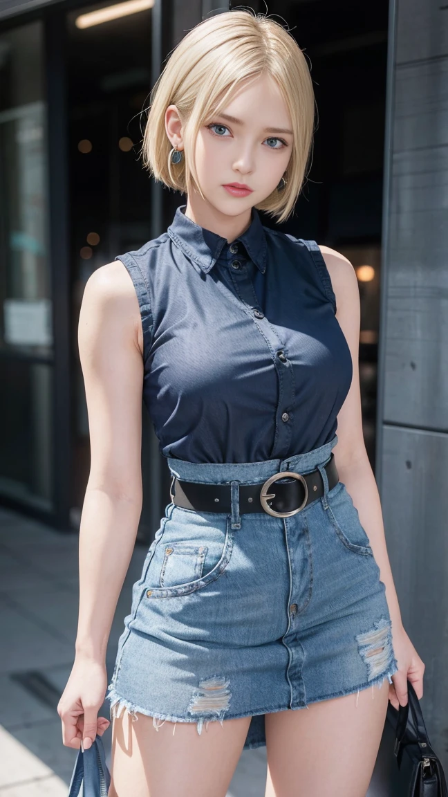Android 18, Large breasts, Belt bag, blue Skirt, Looking at Viewer, denim, black Shirt, Short hair, Sweat, Solo, denim Skirt, cleavage, Skirt, Blonde hair, thighs thighs thighs thighs, Blue eyes, Shirt, vests, 1girl in, earrings, blush, Jacket, thick thighs thighs thighs thighs, Jewelry, Long sleeves