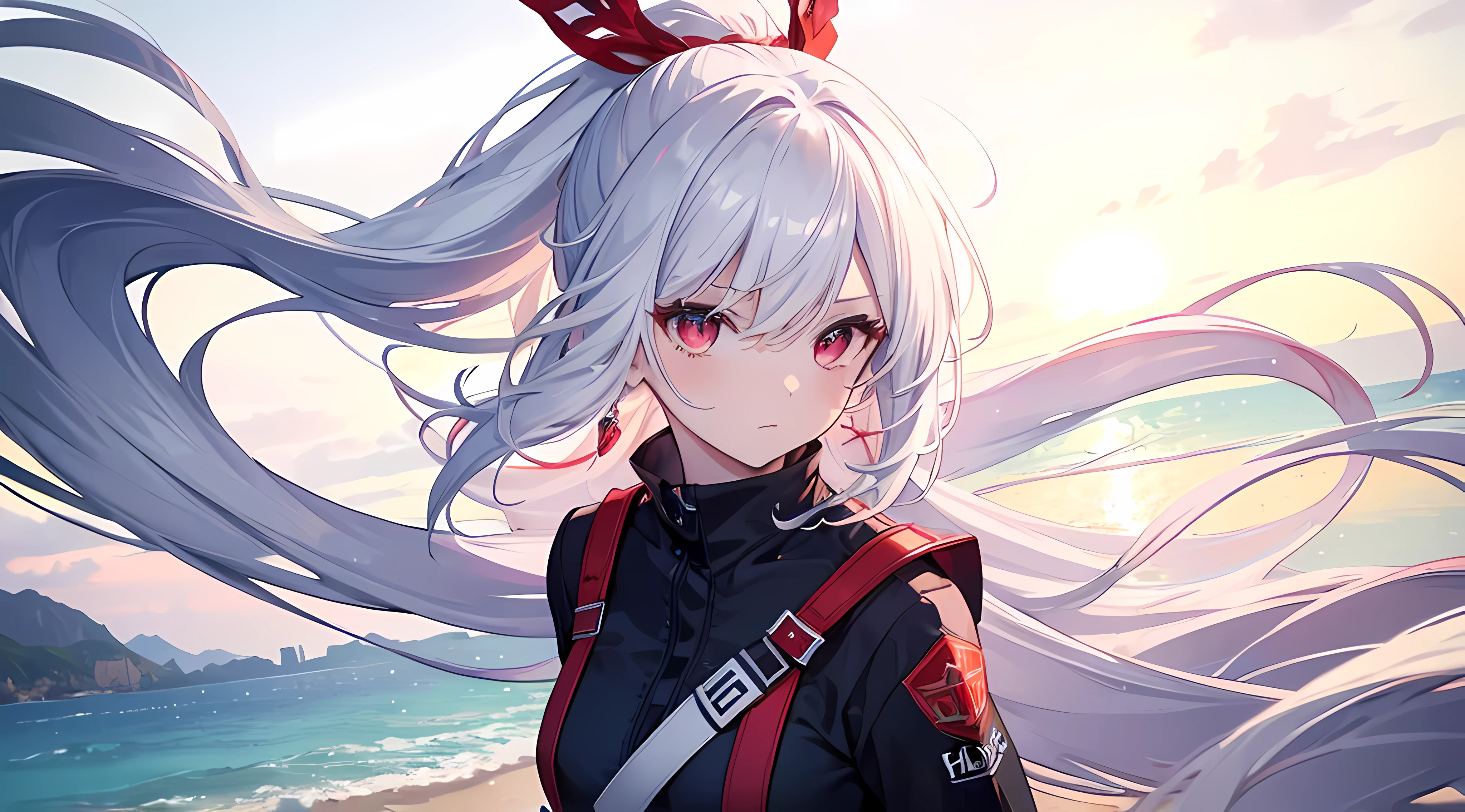[(Transparent background:1.5)::5],(((masterpiece))),(((best quality))),(((extremely detailed))),illustration, 1girl,solo,mysterious,vivid color,shiny, a little bit red in right pony hair,(ponytail hair),(white hair),(red eyes), full body,long hair tranquil nature, close up,Dynamic actions,Lens perspective, beach(((Box composition))), volumetric lighting, multi-color eyes, detailed eyes, hyper detail