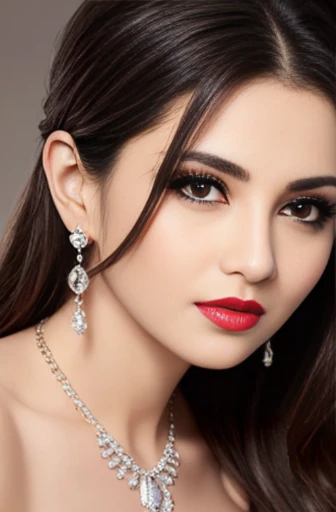 Lebanese lady, diamond dangling earrings, necklace, bracelets, small breasts, 40 years old, smokey eyes, cleavages, red lips, innocent face, wedding fashion ball gown, stylish hairstyle, posing, modeling, portrait