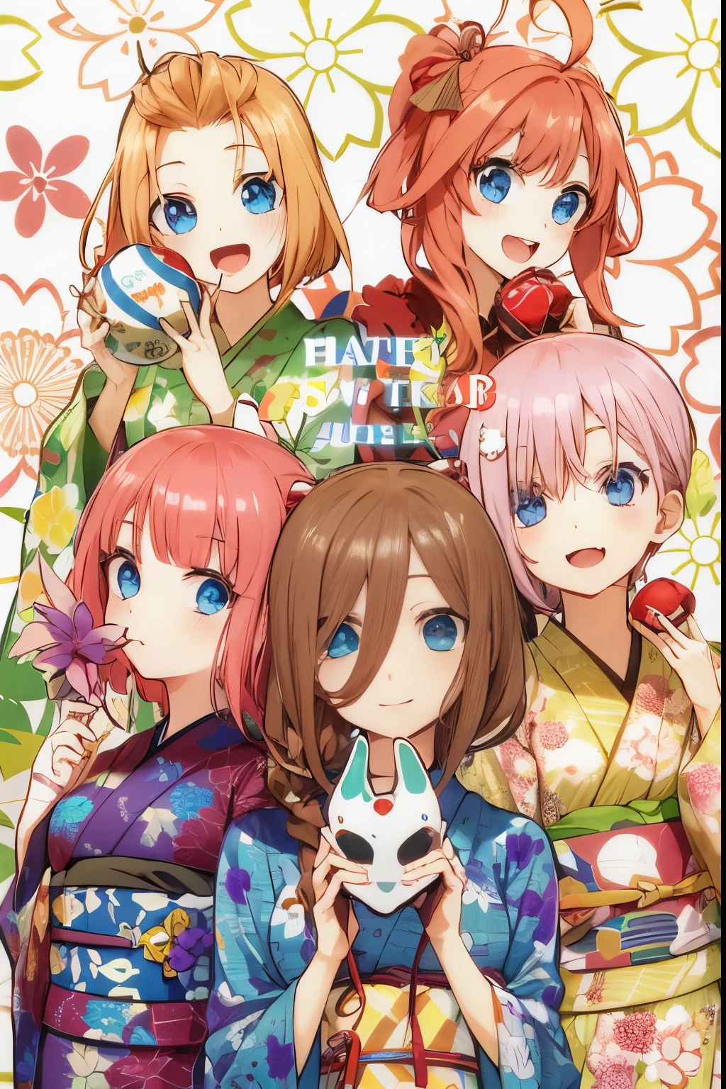 Quintessential quintuplets dressed up in yukatas, smiling, cute ecpressions, sweet faces. Masterpiece, 4k, extremely detailed