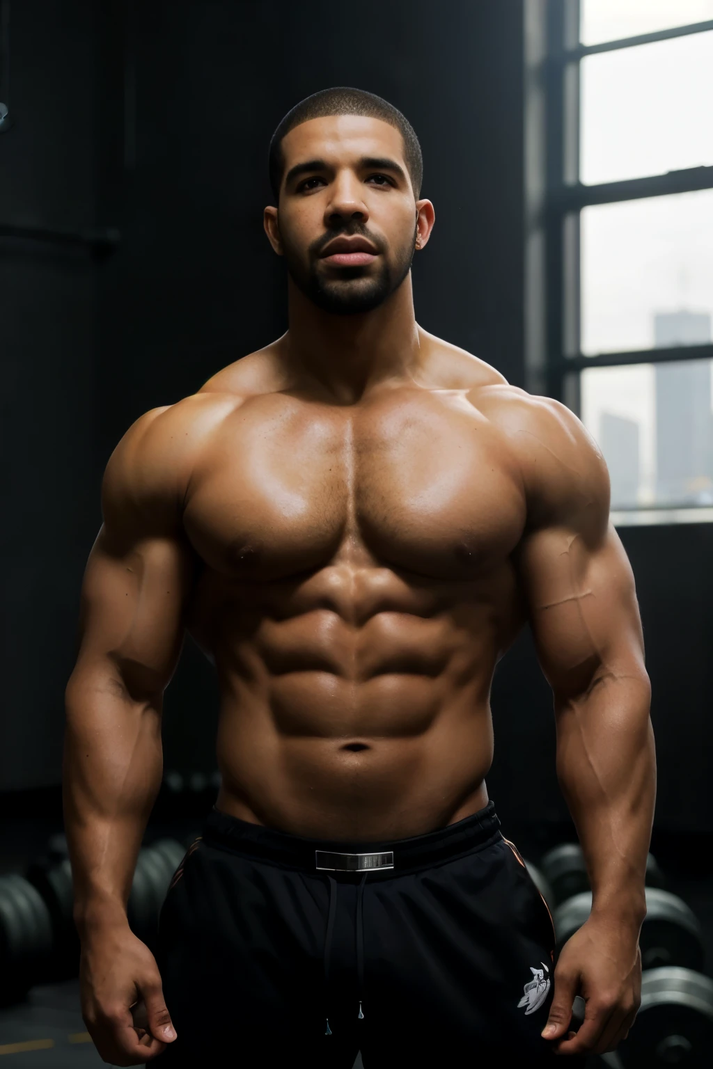8k portrait of drake Bodybuilder, shirtless, intricate, 35 years, gym background, full body, looking at the camera, elegant, (black eyes), highly detailed, gym background, majestic, digital photography, art by artgerm and ruan jia and greg rutkowski, broken glass around (masterpiece, side lighting, beautiful finely detailed eyes: 1.2), hdr