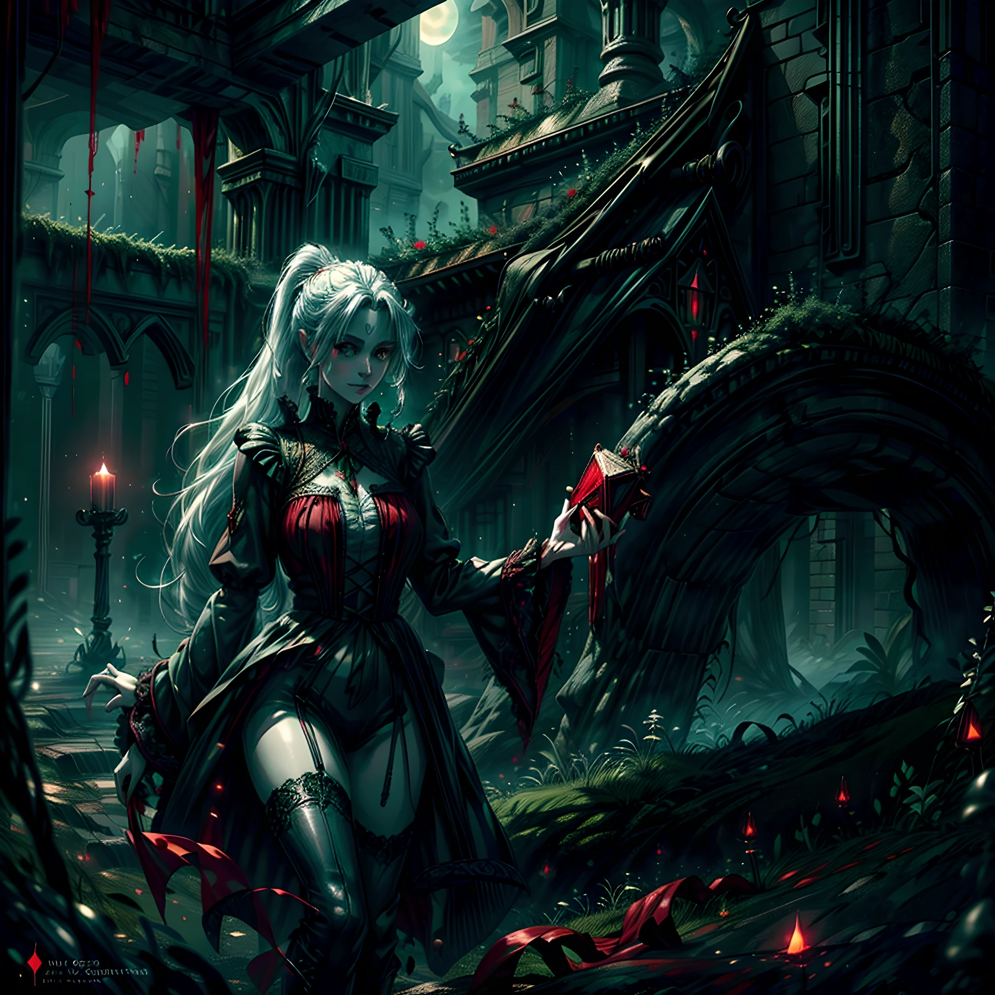 a picture of vampire standing in the front of her home holding a (blood: 1.3) dripping (gift box: 1.5), an exquisite beautiful female vampire in her front door of her home, full body (ultra detailed, Masterpiece, best quality), ultra detailed face (ultra detailed, Masterpiece, best quality), grey skin: 1.3 , blond hair, hair in a ponytail, long hair, blue eyes, cold eyes, glowing eyes, intense eyes, smile with [drops of blood on face] (ultra detailed, Masterpiece, best quality), dark red lips, [vampire fangs], wearing red dress (ultra detailed, Masterpiece, best quality), (green: 1.4) dark green cloak, (green: 1.3) green high heeled boots in front of her home, holding a (white: 1.4) gift box dripping red blood GlowingRunes_red (ultra detailed, Masterpiece, best quality, high details, best quality, 16k, [ultra detailed], masterpiece, best quality, (ultra detailed), full body, ultra wide shot, photorealism, luis royo style, dark fantasy art, moon light coming through the window, moon rays, gothic art, sense of dread, sense of seduction, bloodmagic,