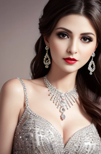 Lebanese lady, diamond dangling earrings, necklace, bracelets, small breasts, 40 years old, smokey eyes, cleavages, red lips, innocent face, wedding fashion ball gown, stylish hairstyle, posing, modeling, portrait