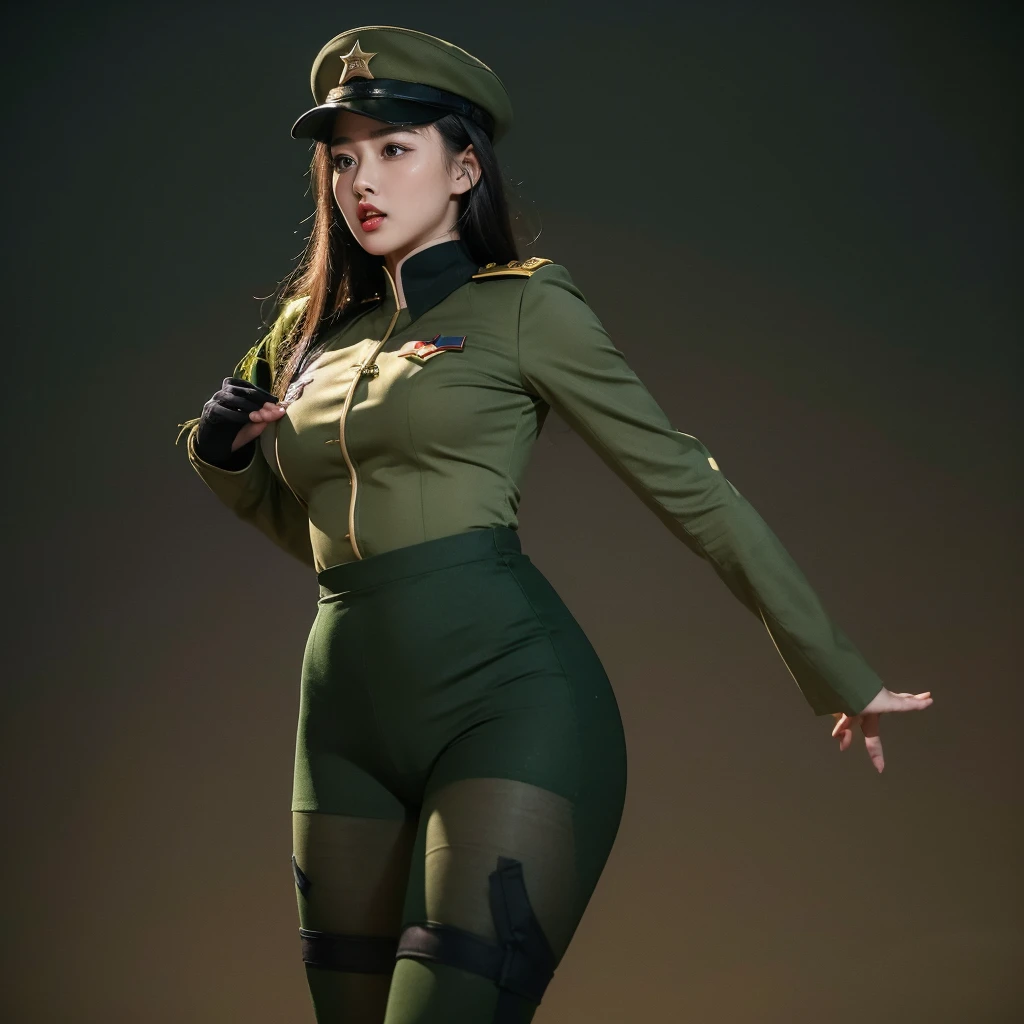 A female soldier wearing a dark green tights and dark green tights military pants stood there and raised her hands in surrender.。There's a red star on her hat,Gold shoulder and collar badges。Highlight the sexy and plump figure of female soldiers,And her slightly opened red lips and panic expression