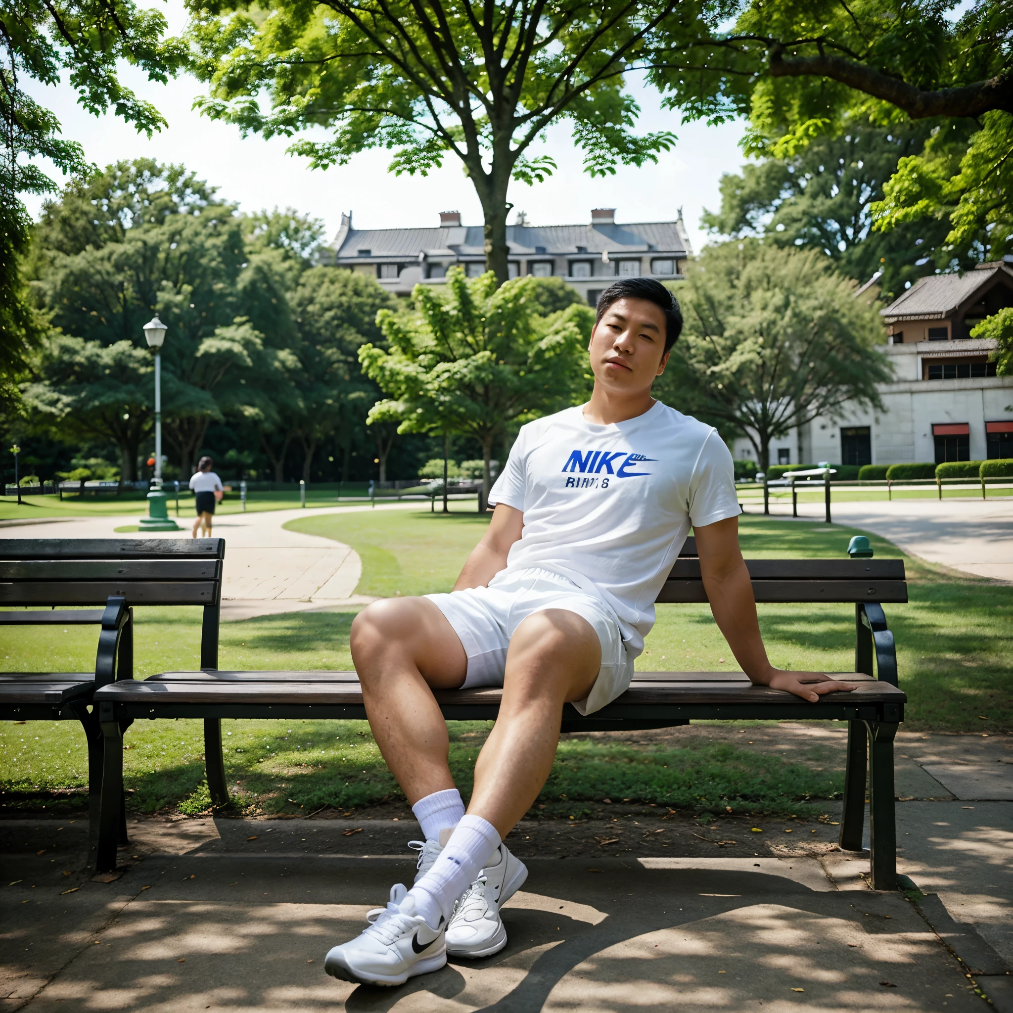 Asian man sitting on a bench in the park,Wear Nike, mid shot portrait, Black short sleevering a watchshort white pants,air ordan shoes Trees in the background.realistic, photo realistic