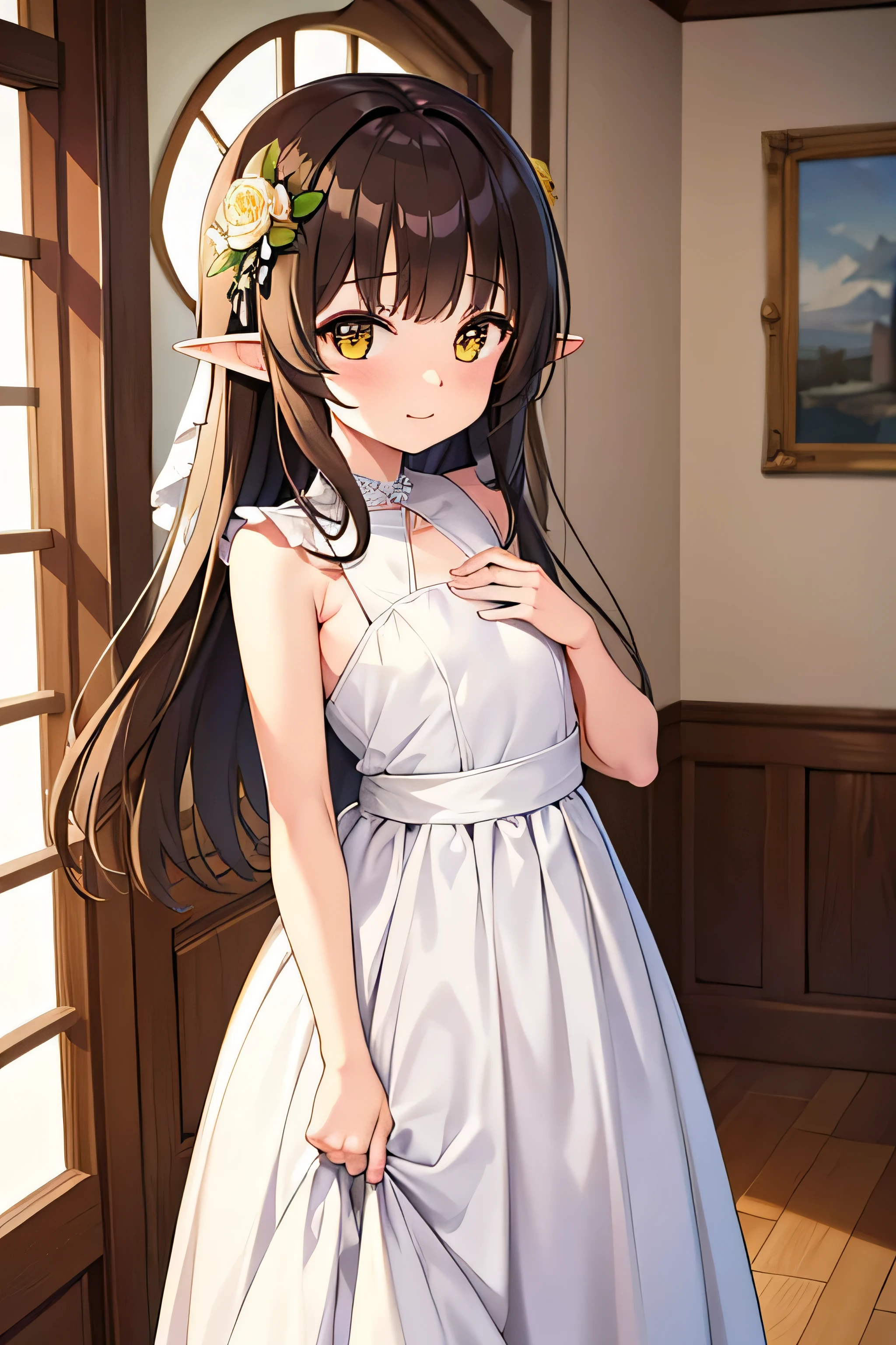 An elf girl with a tiny body and brown hair, yellow eyes, and a flat chest. She is wearing a pure white wedding dress and has a extremly happy expression. The girl is standing in a room and looking directly at the viewer. The image should be of absurd resolution and high detail. It should be ultra-sharp and available in 8K resolution, representing a masterpiece in image quality.