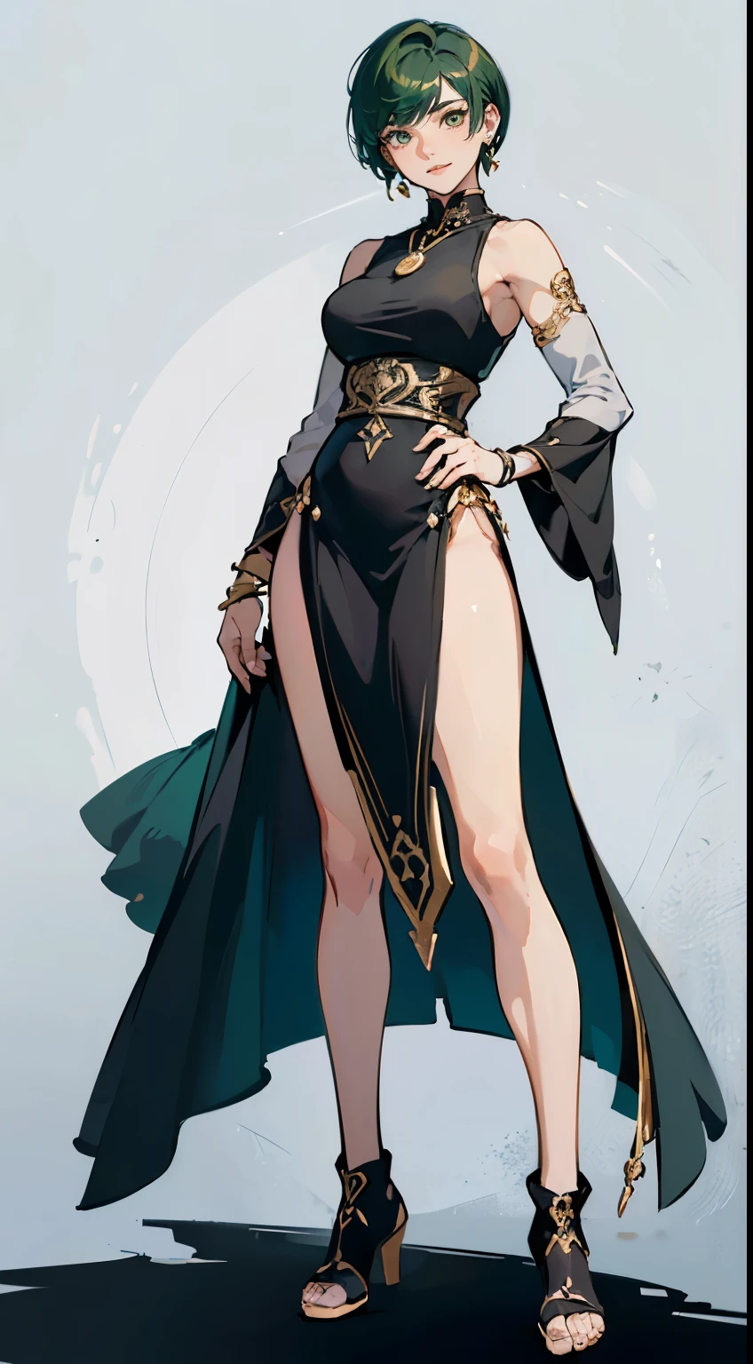 ((masterpiece,best quality,8k,highres)),((character concept art)), 1 female, middle-age woman, a Queen, 220 cm height, straight hair, ponytail, (hunter green hair colour), ultra finely detailed eyes (yelloq eyes colour), extraordinary charming, gorgeous, (gentle smile), ((petite breasts, small breasts, flat breasts)), athlete body build ((muscular)), ((intricate detail)), super finely detailed hands, ultra finely detailed fingers(((ten fingers))), stylish Nun outfit (black colour outfit), earrings, necklace, bracelet, (standing still), (full body showcase), (show full body), (no logos on background), (no logo), ((plain background)), ((plain background)), (((empty background)))