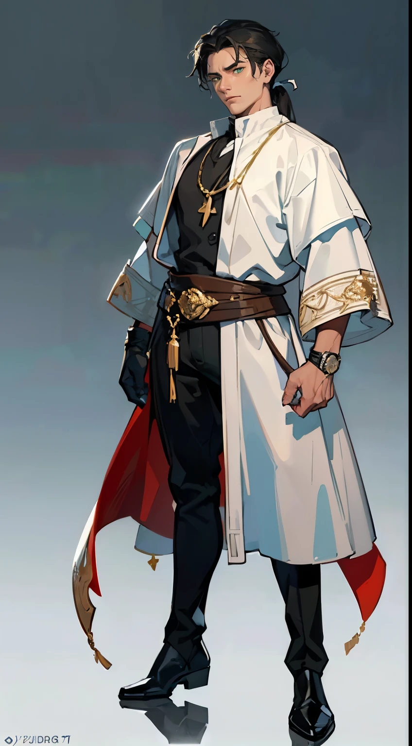 ((masterpiece,best quality,8k,highres)),((character concept art)), 1 male, young adult male, merchant guild leader, 183cm height, extraordinary handsome, charming, serious face, menacing, incredible body build ((muscular)), ultra finely detailed eyes (green eyes colour), intricate details, man short hair, short ponytail, ((black hair colour)), super finely detailed hands, ultra finely detailed fingers (((ten fingers))), stylish merchant outfit (white colour), big merchant coat, black boots, bracelet, necklace, (standing still), (hand still), (no hand gesture), (full body showcase), (show full body), ((only show character)), (no logos on background), (no logo), (( background)), ((plain background)),((plain background)), (((empty background)))