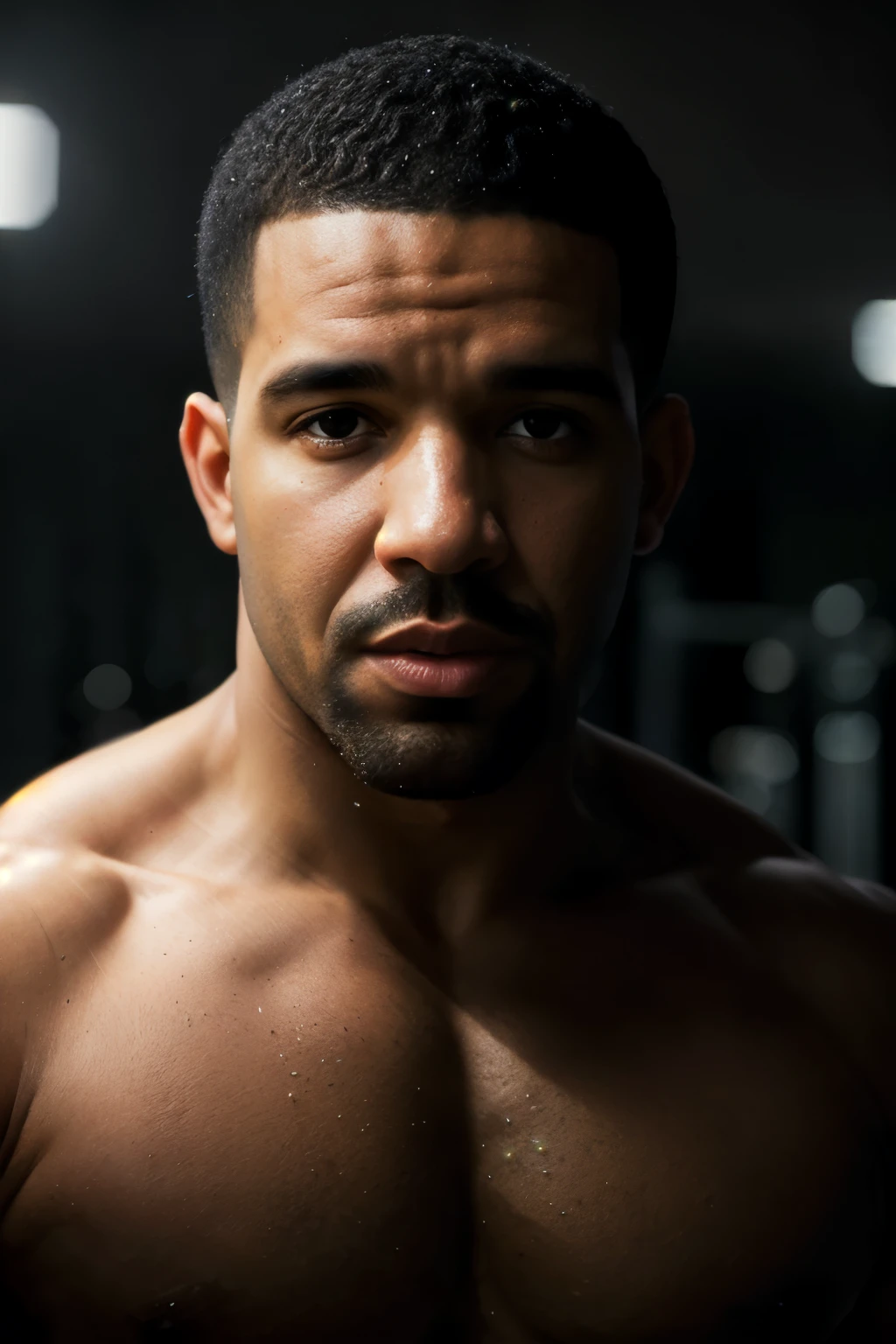 8k portrait of drake Bodybuilder, shirtless, intricate, 35 years, gym background, full body, looking at the camera, elegant, (black eyes), highly detailed, gym background, majestic, digital photography, art by artgerm and ruan jia and greg rutkowski, broken glass around (masterpiece, side lighting, beautiful finely detailed eyes: 1.2), hdr