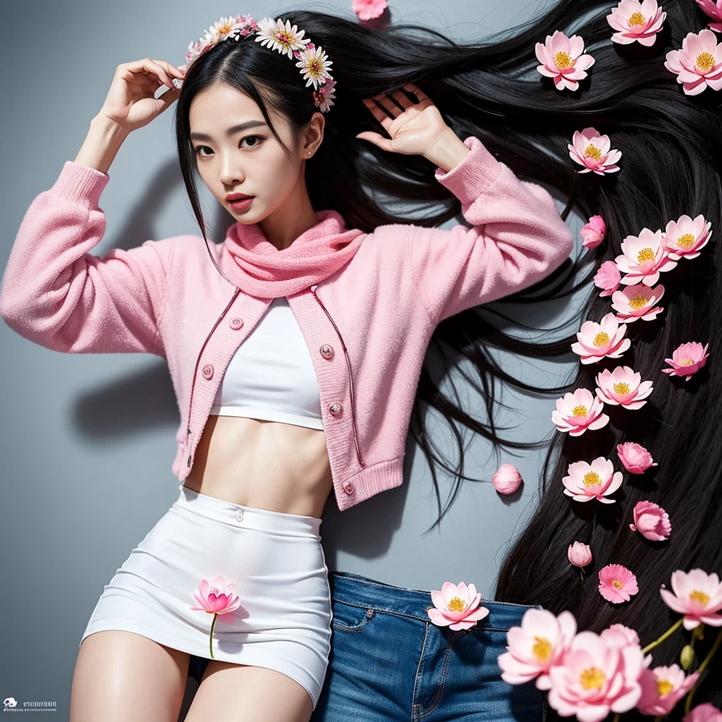 32K(tmasterpiece,k hd,hyper HD,32K)Long flowing black hair,ponds,zydink, a color, Aozhou people (Concubine girl), (Silk scarf), Combat posture, looking at the ground, long whitr hair, Floating hair, Carp pattern headdress, Chinese long-sleeved clothing, (abstract ink splash:1.2), Pink petal background,Pink and white lotus flowers fly(realisticlying:1.4),Black color haillen leaves flutter,The background is pure, A high resolution, the detail, RAW photogr, Sharp Re, Nikon D850 Film Stock Photo by Jefferies Lee 4 Kodak Portra 400 Camera F1.6 shots, Rich colors, ultra-realistic vivid textures, Dramatic lighting, Unreal Engine Art Station Trend, cinestir 800,Long flowing black hair,Denim skirt