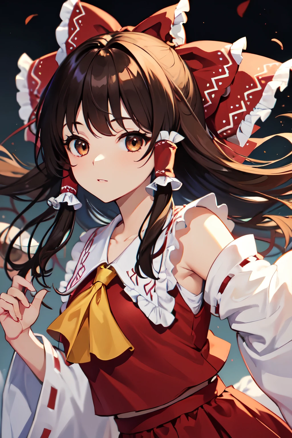 detailed background, masterpiece, best quality, 1girl, hakurei reimu, brown hair, hair tubes, hair ribbon, brown eyes, touhou project