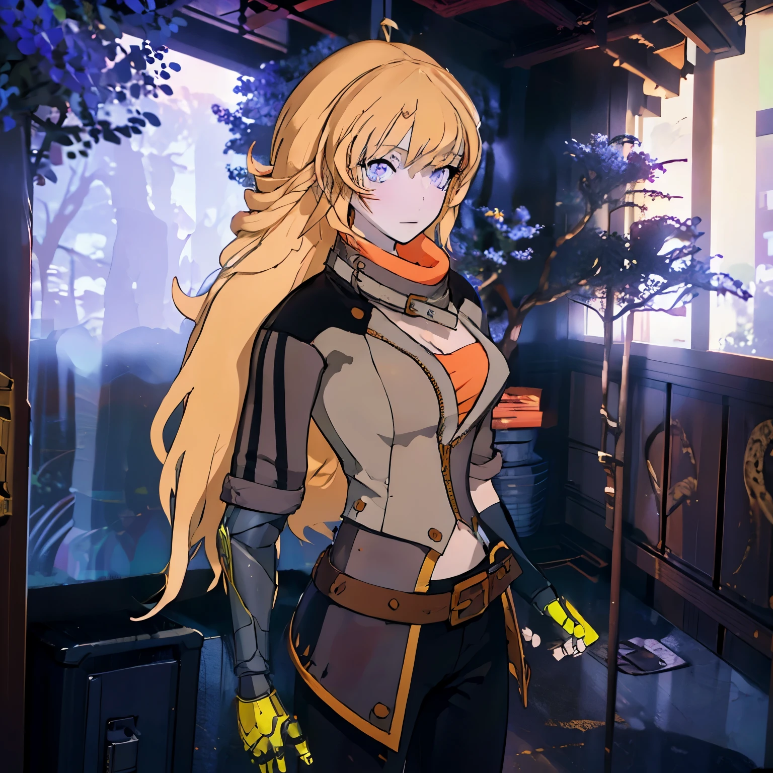 Yang Xiaolong, Yang Xiaolong, Long hair, Blonde hair, (Purple eyes:1.1), Ahoge, Bangs,Breaking cleavage, Jacket, Belt bag, mechanical arms, シングルmechanical arms, prosthesis, Left hand is a prosthetic hand,BREAK outdoors,BREAK looking at viewer, (Cowboy Shot:1.5),BREAK (masutepiece:1.2), Best Quality, High resolution, Unity 8k壁纸, (Illustration:0.8), (Beautiful detailed eyes:1.6), extra detailed face, Perfect Lighting, extremely details CG, (Perfect hands, Perfect Anatomy),Long pants