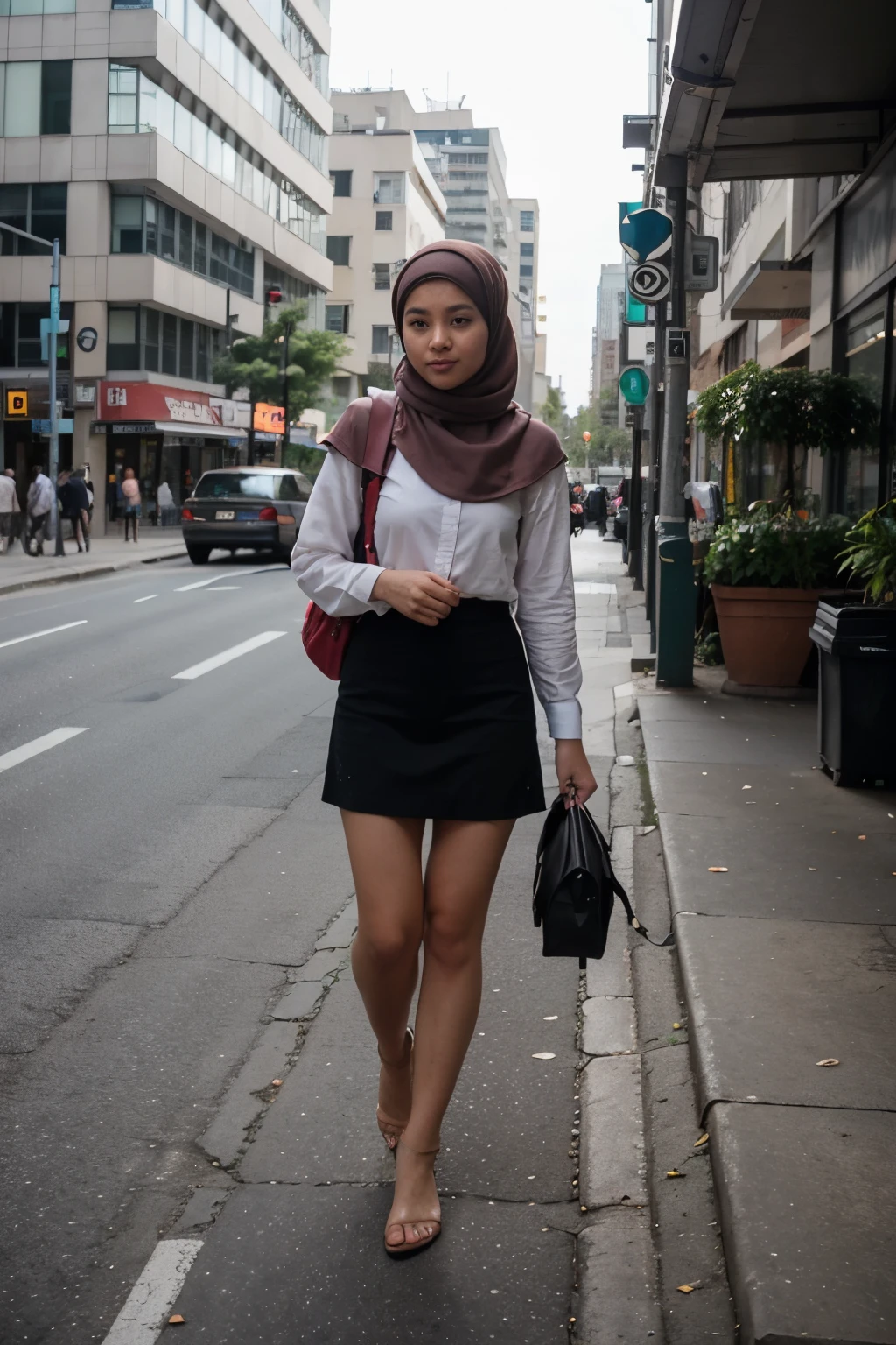 Photograph a Malay girl in hijab as she navigates the urban jungle, confidently commuting to work or school, showcasing her modern lifestyle in the heart of the city.