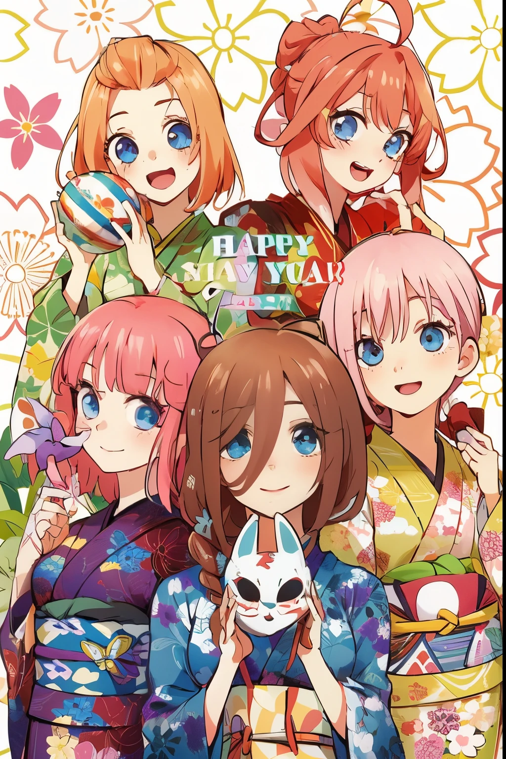 Quintessential quintuplets dressed up in yukatas, smiling, cute ecpressions, sweet faces. Masterpiece, 4k, extremely detailed
