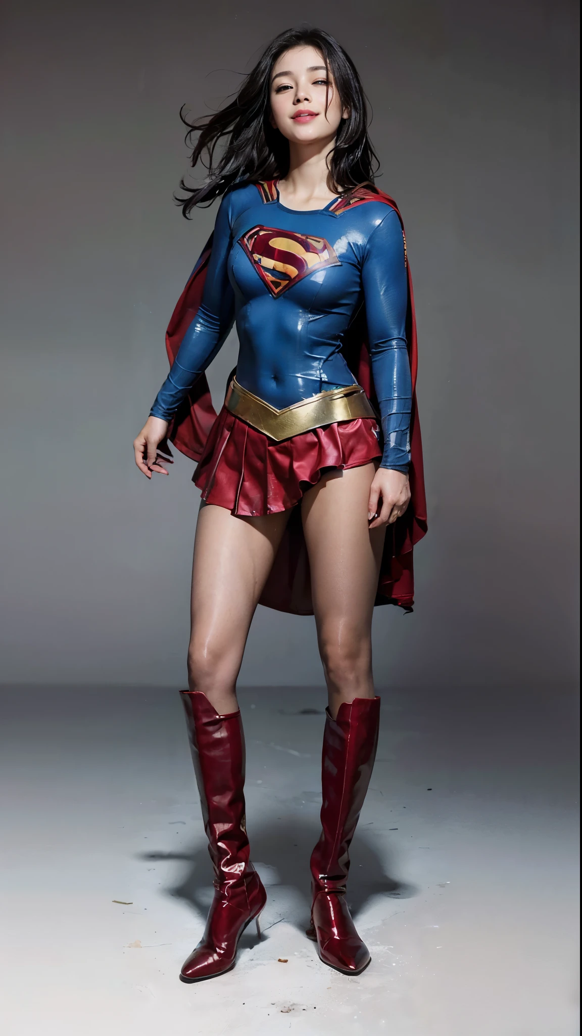 No background、Suffering、Eyes closed、Snug Supergirl costume、Costume that fits the body、and draw the full body、(((Wear black tights on your beautiful legs.)))、(((Grow legs、tall、Legally express the beauty of your smile)))、((((Make the most of the original image)))、(((Supergirl Costume)))、(((beautiful hairl)))、(((Suffering)))、(((Feet must necessarily be worn with black tights)))、(((You need to wear red boots)))、((Top image quality、8K))、((top-quality、8K、masterpiece:1.3))、(((Keep Background )))、Crisp focus:1.2、Beautiful woman with perfect body shape:1.4、Slender Abs:1.2、a wet body:1.5、Highly detailed facial and skin texture、8K