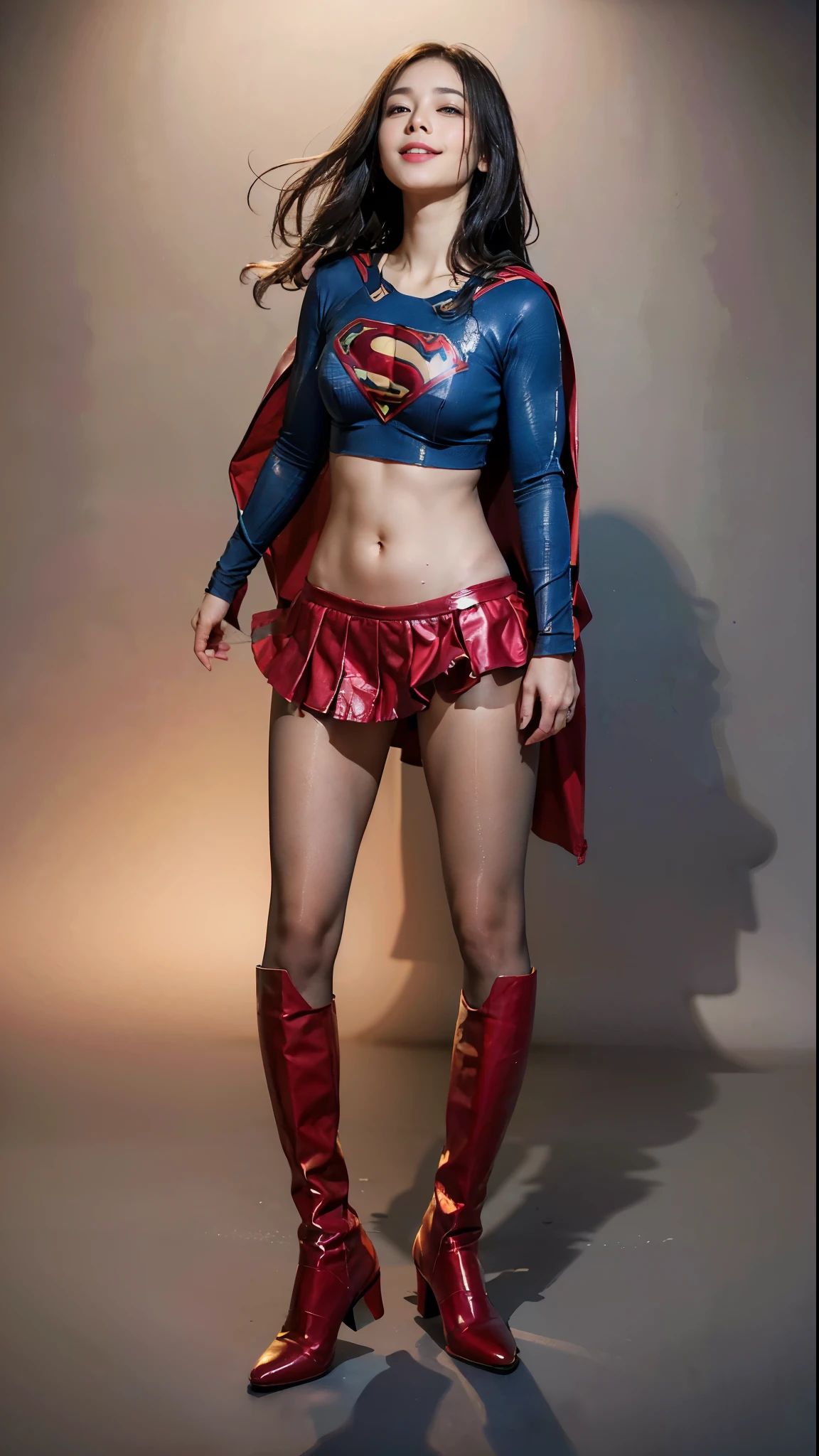 No background、Suffering、Eyes closed、Snug Supergirl costume、Costume that fits the body、and draw the full body、(((Wear black tights on your beautiful legs.)))、(((Grow legs、tall、Legally express the beauty of your smile)))、((((Make the most of the original image)))、(((Supergirl Costume)))、(((beautiful hairl)))、(((Suffering)))、(((Feet must necessarily be worn with black tights)))、(((You need to wear red boots)))、((Top image quality、8K))、((top-quality、8K、masterpiece:1.3))、(((Keep Background )))、Crisp focus:1.2、Beautiful woman with perfect body shape:1.4、Slender Abs:1.2、a wet body:1.5、Highly detailed facial and skin texture、8K