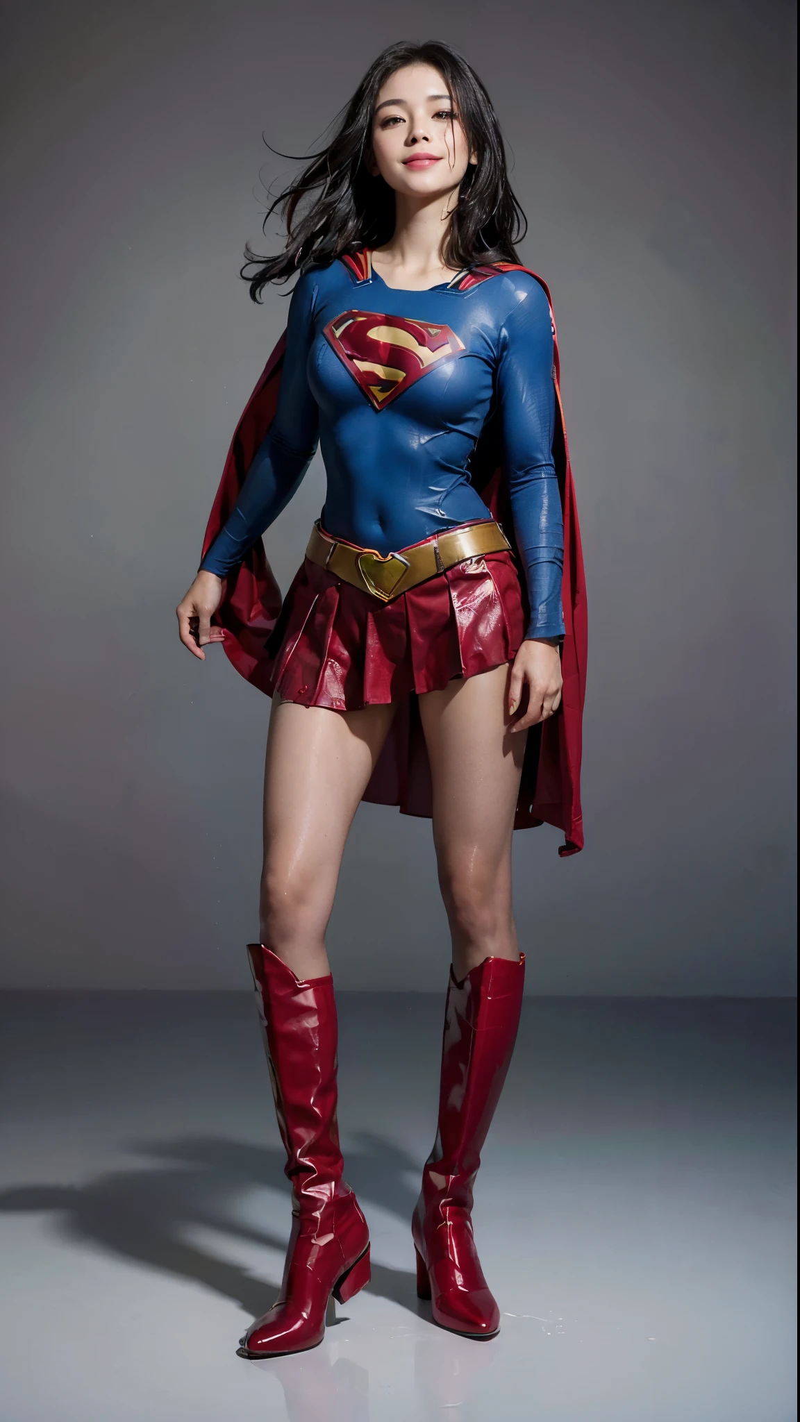 No background、Suffering、Eyes closed、Snug Supergirl costume、Costume that fits the body、and draw the full body、(((Wear black tights on your beautiful legs.)))、(((Grow legs、tall、Legally express the beauty of your smile)))、((((Make the most of the original image)))、(((Supergirl Costume)))、(((beautiful hairl)))、(((Suffering)))、(((Feet must necessarily be worn with black tights)))、(((You need to wear red boots)))、((Top image quality、8K))、((top-quality、8K、​masterpiece:1.3))、(((Keep Background )))、Crisp focus:1.2、Beautiful woman with perfect body shape:1.4、Slender Abs:1.2、a wet body:1.5、Highly detailed facial and skin texture、8K