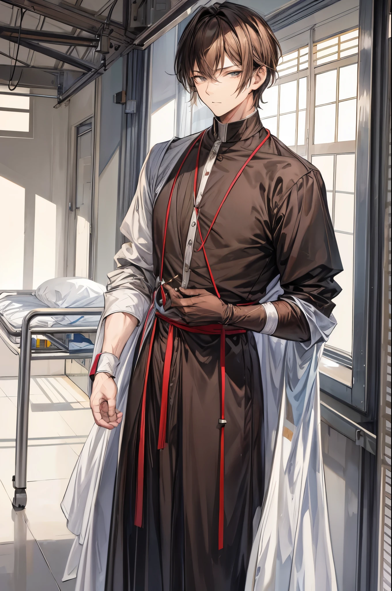 (flat color:1.1),(masterpiece:1.2), best quality, masterpiece, original,short neat brown hair (mature, handsome man looking at the camera at a hospital), medieval male nurse