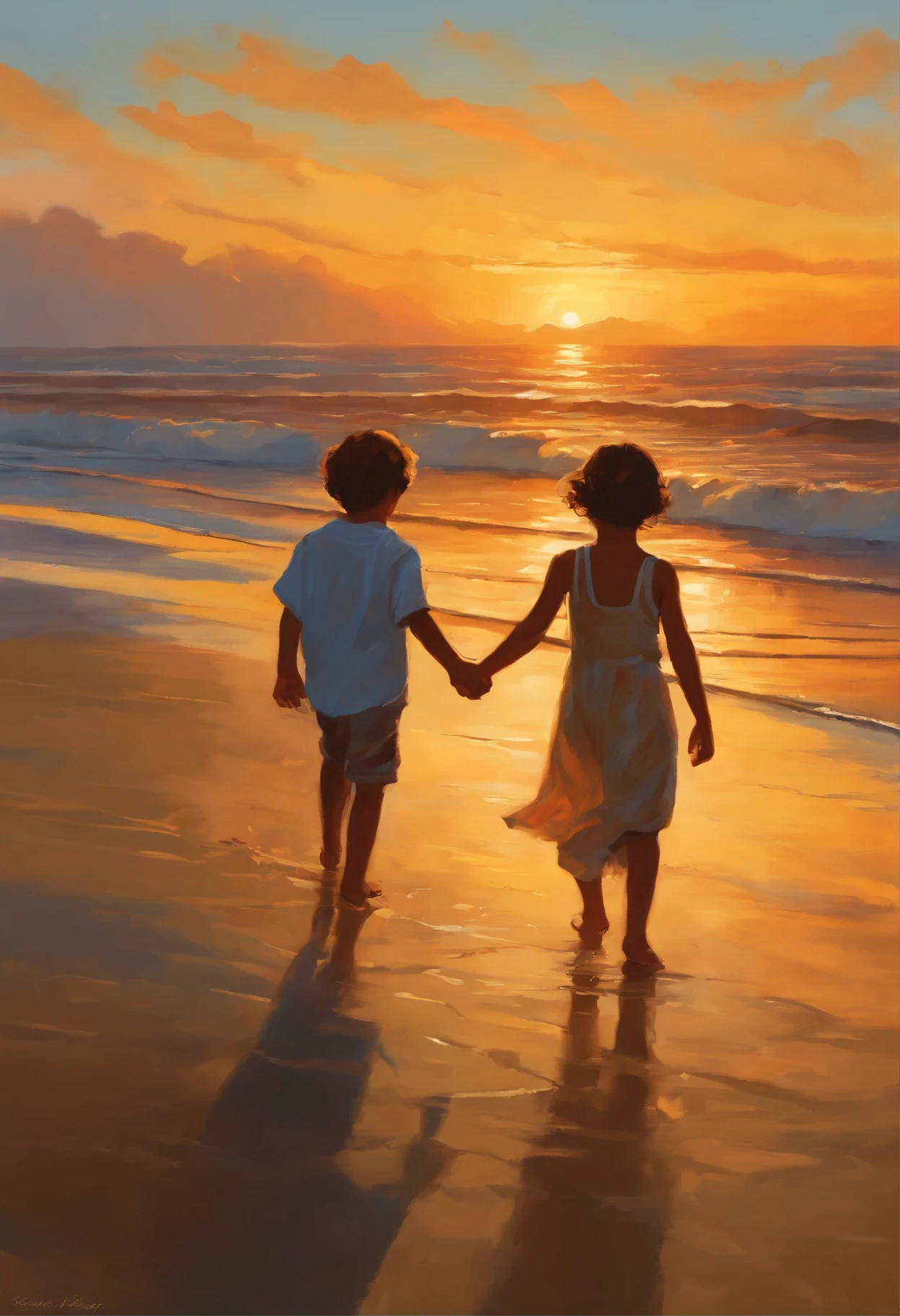 Painting of two , holding hands on the beach at sunset, rob rey and kentarõ miura, Inspired by Mark Keatley, Rads and Thomas Kincaid, John McNaughton, summer morning light, breathtaking art, Rob McNaughton, inspired by Antonio Chiseri, sakimichan and makoto shinkai, Author: RHADS
