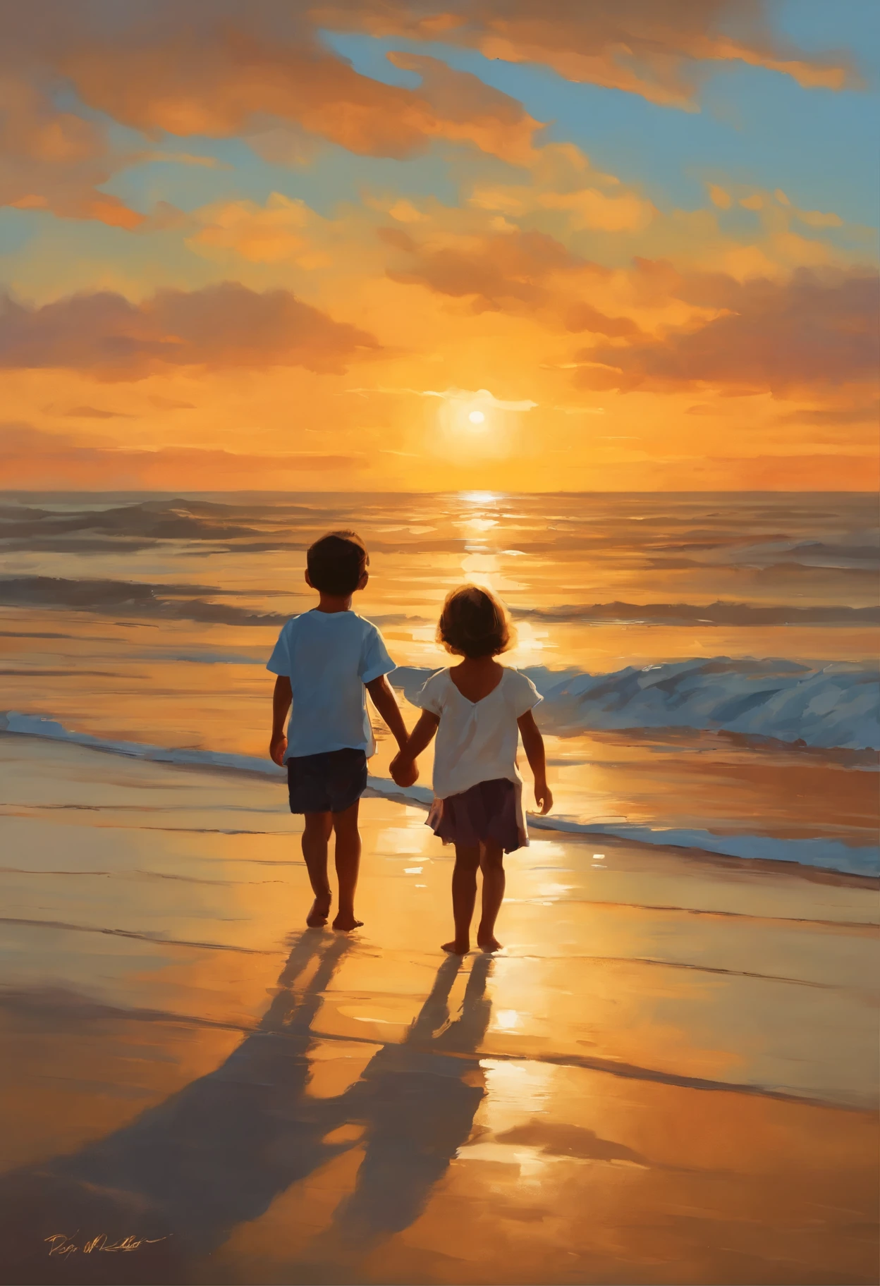 Painting of two children, holding hands on the beach at sunset, rob rey and kentarõ miura, Inspired by Mark Keatley, Rads and Thomas Kincaid, John McNaughton, summer morning light, breathtaking art, Rob McNaughton, inspired by Antonio Chiseri, sakimichan and makoto shinkai, Author: RHADS
