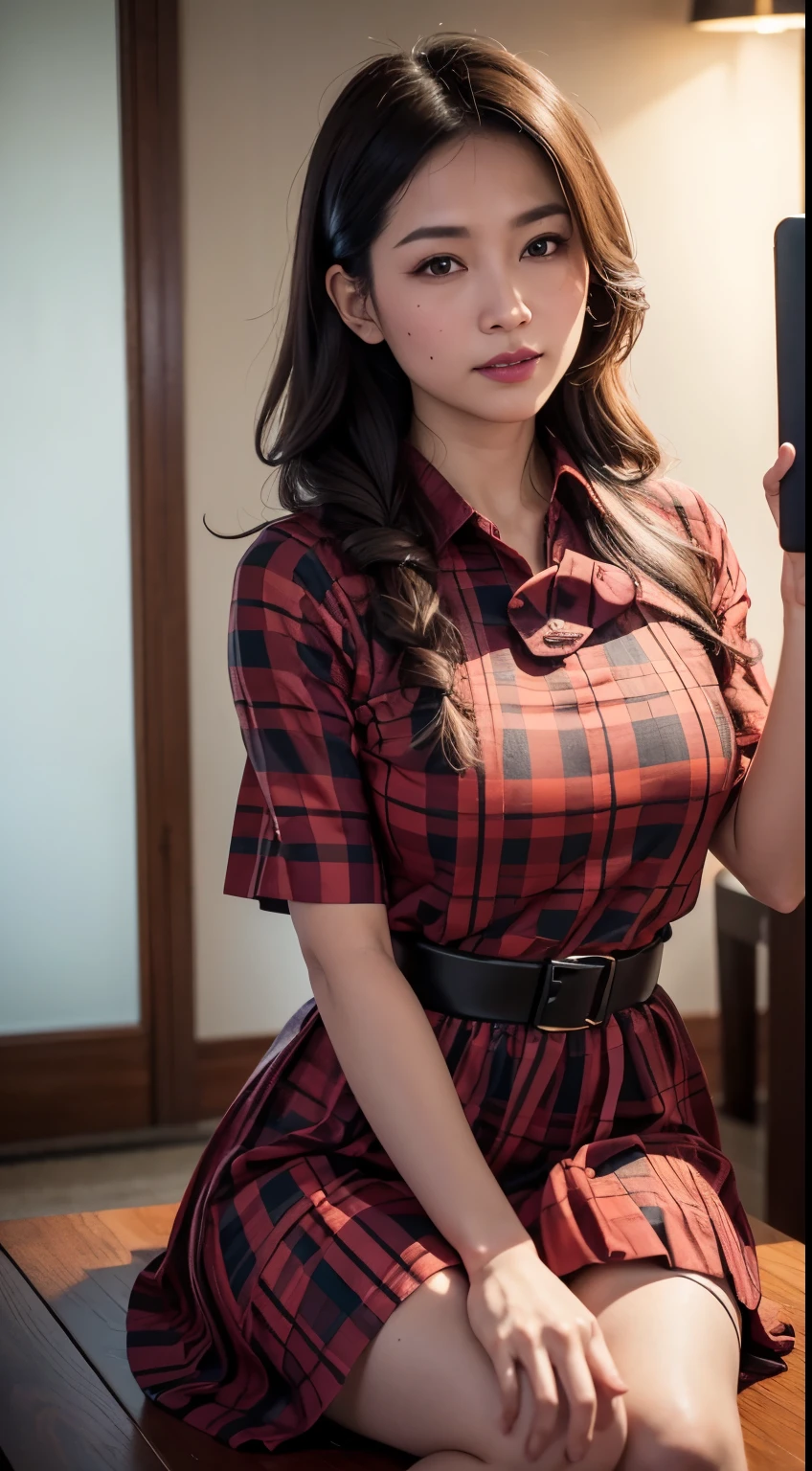 {{{masutepiece}}}, {Extremely delicate and beautiful}, (Solo:1.5), (Best Quality:1.2), (超High resolution A, Photorealistic, Raw foto:1.4), 8K, Cinematic lighting, beautiful lighting, Professional Lighting, physics based rendering, photons mapping, best quality,masterpiece,ultra high res,(photo realistic:1.4),beautiful lighting, (extremely detailed CG unity 8k wallpaper), detailed beautiful face,detailed clothes, 50mm portrait photography, 1girl, big brown eyes, cute, young, posing, professional lighting, physically-based rendering,depth of field , mole under eye,((selfie photo)), (married wife), ((Hawaii)), ((blue checkered pleated dress)), ((black belt)),((thigh strap, )), pleated skirt,