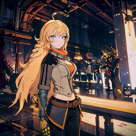 yang xiaolong, yang xiaolong, long hair, blonde hair, (purple eyes:1.1), ahoge, bangs,breaking cleavage, jacket, belt bag, mecha...