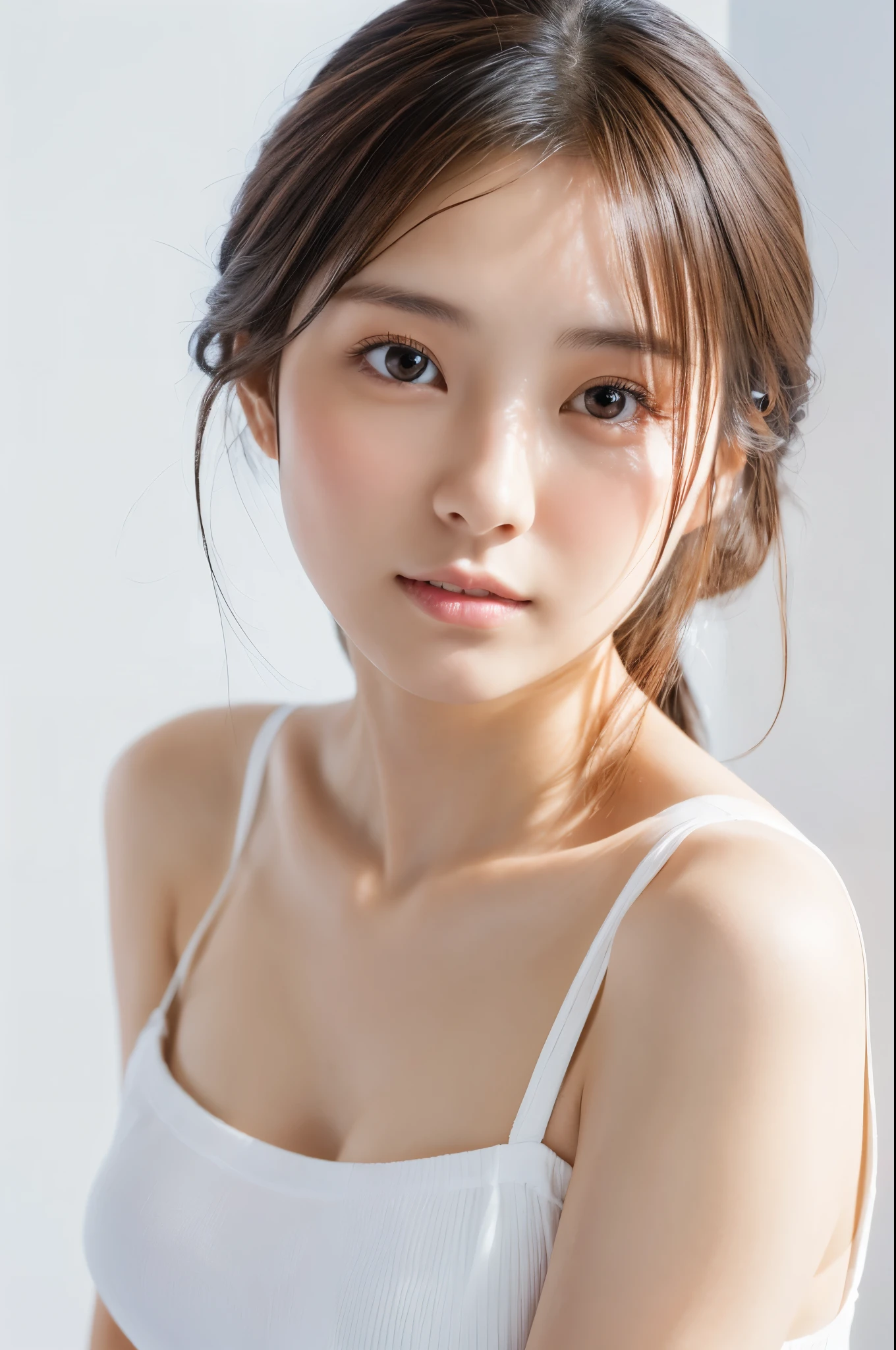 Young japanese lady, 30s, White background, It features a simple背景, white-brown hair, slender, 4K, in 8K, High quality, Beauty, Beautiful eyes, It features a simple, High resolution,1 person,Beautiful skins,Beautiful skin,Wearing a white T-shirt