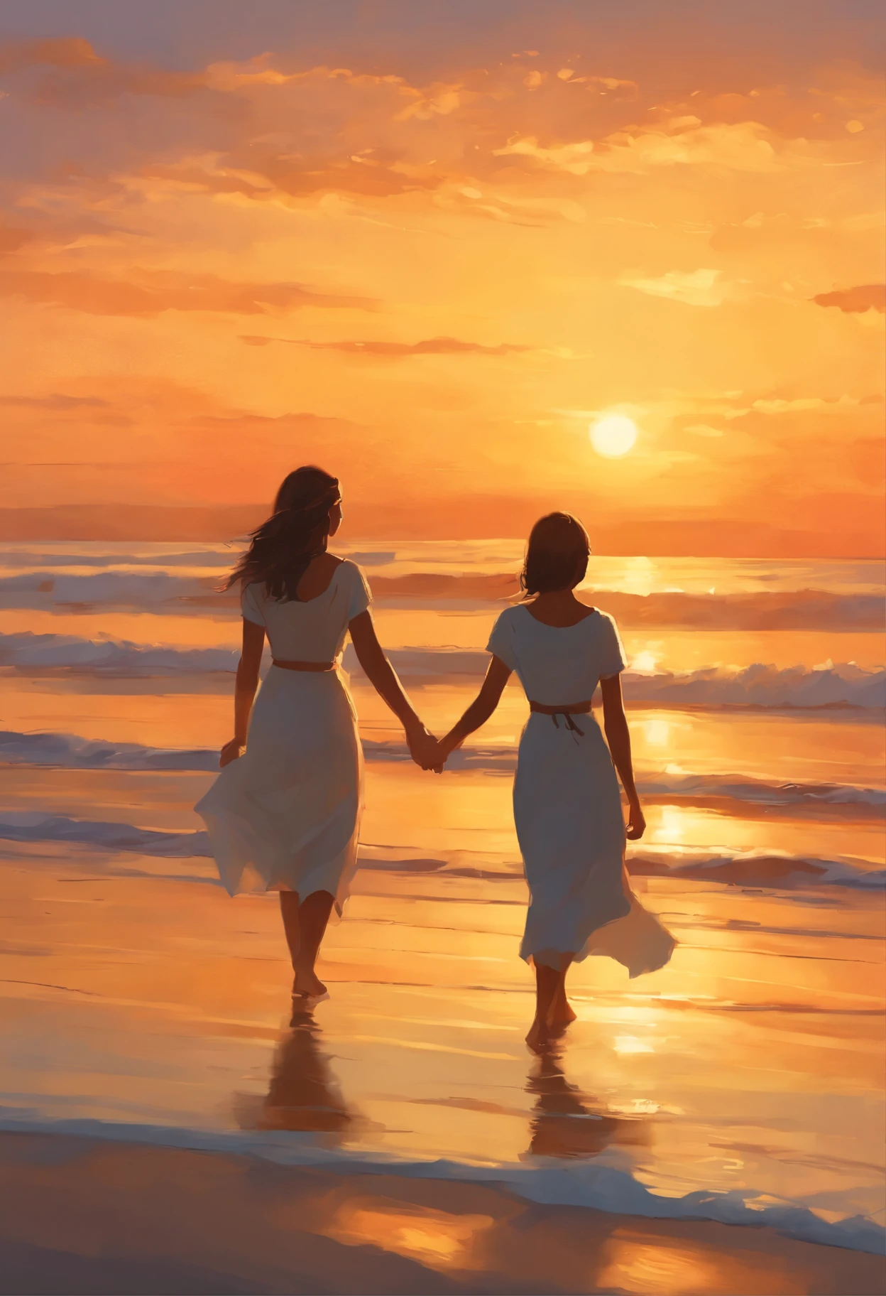 Painting of two young women, holding hands on the beach at sunset, rob rey and kentarõ miura, Based on Mark Keatley, rhads и Томас Кинкейд, John McNaughton, summer morning light, breathtaking art, Rob McNaughton, Based on Antonio Kisseri, sakimichan and makoto shinkai, Author: rhads