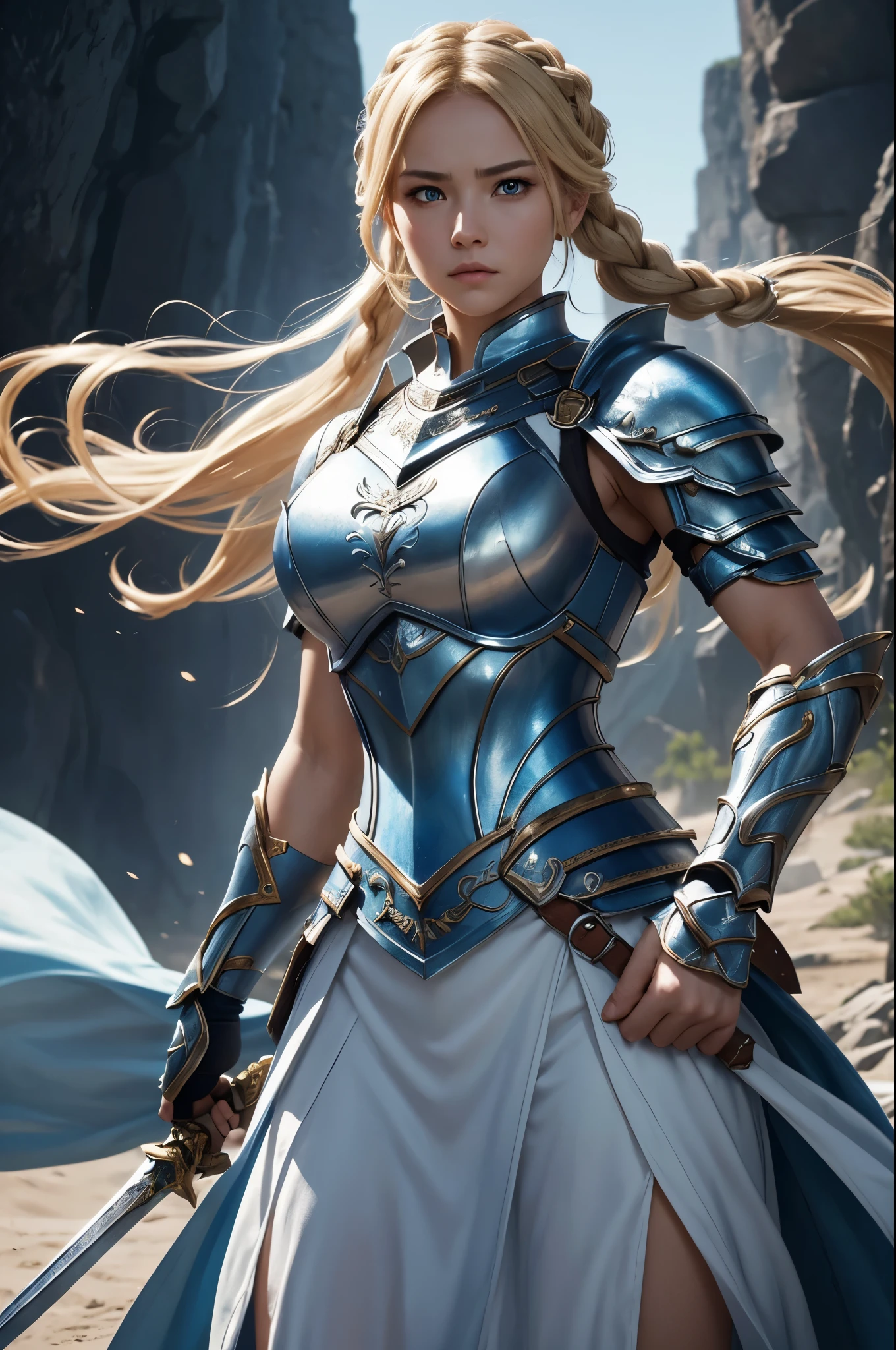 8K、of the highest quality、masutepiece、超A high resolution、(フォトreallistic:1.4)、1 female brave、超A high resolution、(フォトreallistic:1.4)、female hero with a sword、20-year-old female hero,Super beauty(Like the real thing)poneyTail、blonde braided hair、Gorgeous blue and white very small chest armor,gorgeous blue and white shoulder armor,luxurious white waist armor,gorgeous blue and white long skirt,gorgeous blue and white gauntlet, Luxury white and blue leg armor、shining muscles、In a dark cave、Sharp eyes, deadpan,beautiful background,Ultra-high resolution,super realistic muscle,Beautiful expression,Fantasyart,reallistic,super detailing,ultra -detail,character art,Glaring at the viewer,Holding a big sword,action scene,Battle scenery,Fighting attitude,actionpose,