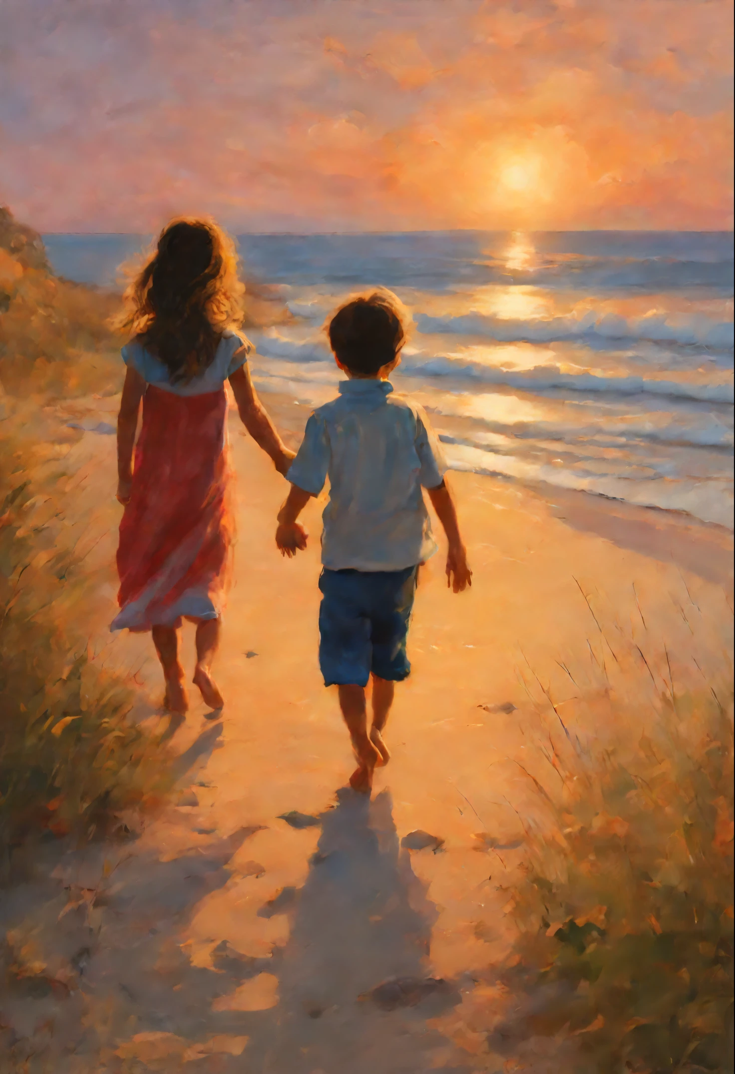 Painting of two children, holding hands on the beach at sunset, rob rey and kentarõ miura, Inspired by Mark Keatley, Rads and Thomas Kincaid, John McNaughton, summer morning light, breathtaking art, Rob McNaughton, inspired by Antonio Chiseri, sakimichan and makoto shinkai, Author: RHADS