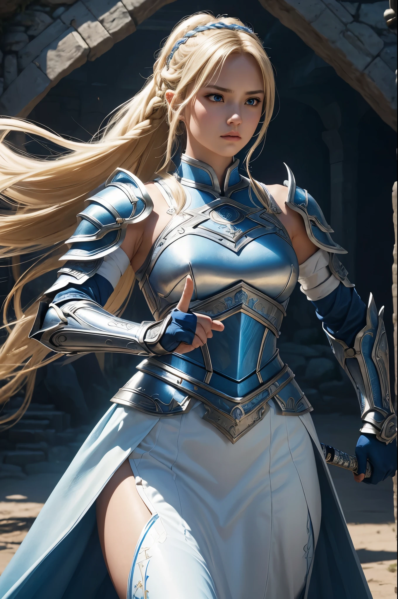 8K、of the highest quality、masutepiece、超A high resolution、(フォトreallistic:1.4)、1 female brave、超A high resolution、(フォトreallistic:1.4)、female hero with a sword、20-year-old female hero,Super beauty(Like the real thing)poneyTail、blonde braided hair、Gorgeous blue and white very small chest armor,gorgeous blue and white shoulder armor,luxurious white waist armor,gorgeous blue and white long skirt,gorgeous blue and white gauntlet, Luxury white and blue leg armor、shining muscles、In a dark cave、Sharp eyes, deadpan,beautiful background,Ultra-high resolution,super realistic muscle,Beautiful expression,Fantasyart,reallistic,super detailing,ultra -detail,character art,Glaring at the viewer,Holding a big sword,action scene,Battle scenery,Fighting attitude,actionpose,