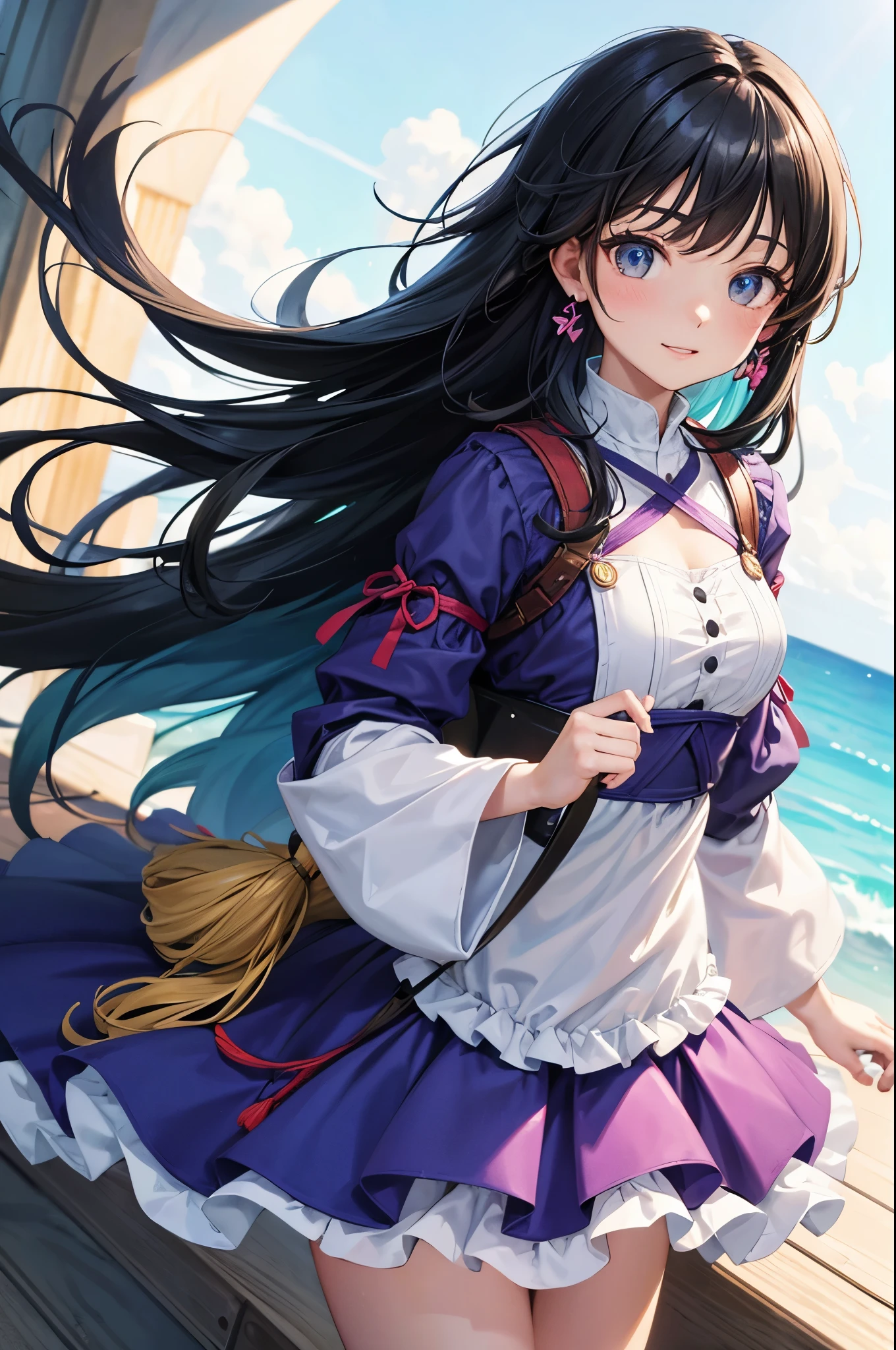 solo, woman, colorful outfit, black hair, long hair, floating hair, shiny hair, jewelry, light smile, detailed beautiful face and eyes, vivid color, cinematic lighting, jpeg artifacts, Eye-Level Shot, drop shadow, depth of field, hyperrealism, Ghibli-like colours, atmospheric perspective, tachi-e, masterpiece, retina, ccurate, best quality, highres, 4K, super detail