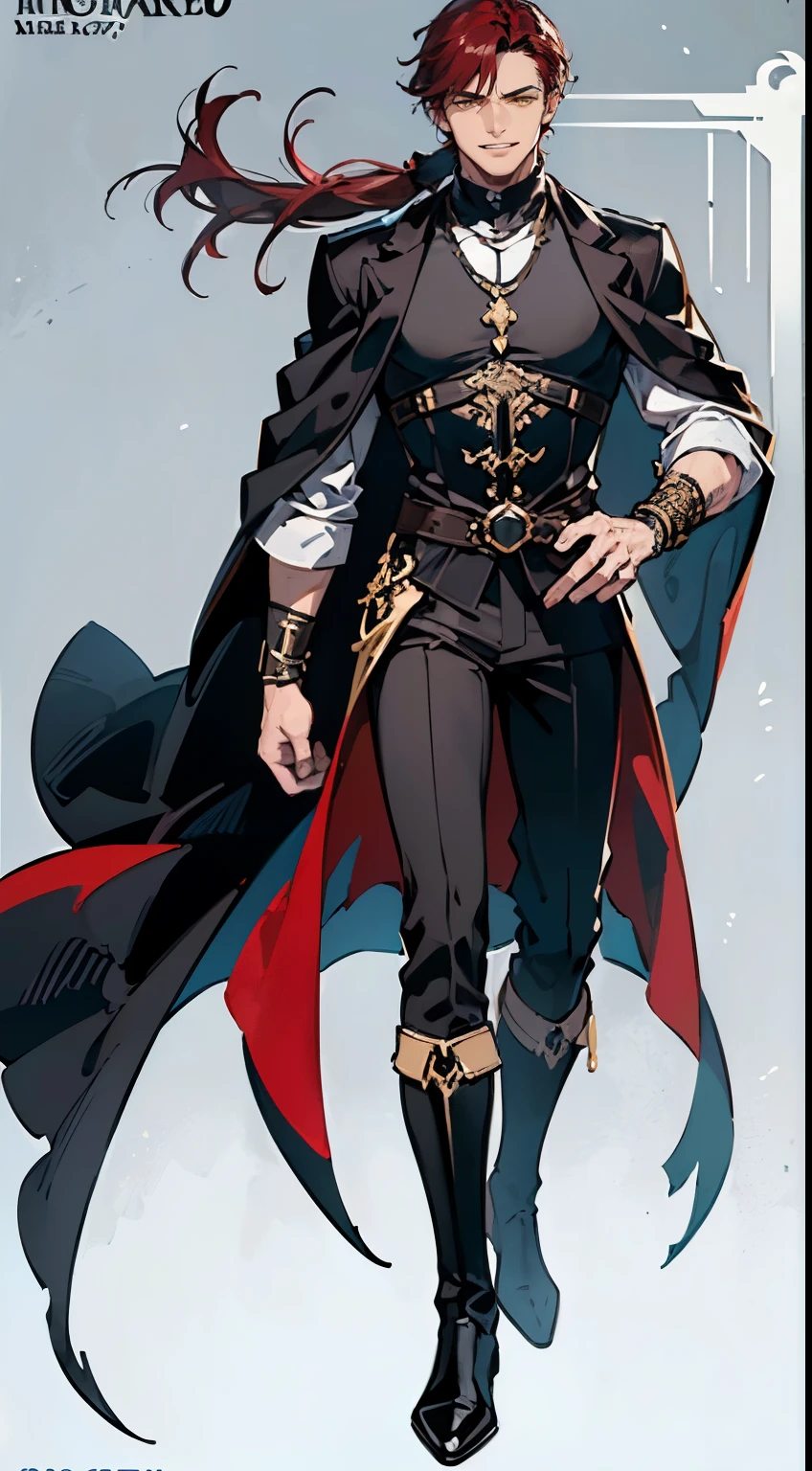 ((masterpiece,best quality,8k,highres)),((character concept art)), 1 male, middle-age male, merchant guild leader, 183cm height, extraordinary handsome, charming, smirk smile, menacing, incredible body build ((muscular)), ultra finely detailed eyes (yellow eyes colour), intricate details, man short hair, short ponytail, ((maroon hair colour)), super finely detailed hands, ultra finely detailed fingers (((ten fingers))), stylish merchant outfit (black colour), big merchant coat, black boots, bracelet, necklace, (standing still), (hand still), (no hand gesture), (full body showcase), (show full body), ((only show character)), (no logos on background), (no logo), ((plain background)), ((plain background)),((plain background)), (((empty background)))