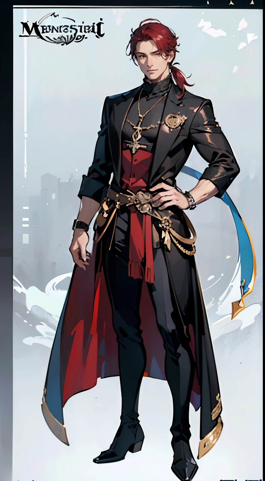 ((masterpiece,best quality,8k,highres)),((character concept art)), 1 male, middle-age male, merchant guild leader, 183cm height, extraordinary handsome, charming, smirk smile, menacing, incredible body build ((muscular)), ultra finely detailed eyes (yellow eyes colour), intricate details, man short hair, short ponytail, ((maroon hair colour)), super finely detailed hands, ultra finely detailed fingers (((ten fingers))), stylish merchant outfit (black colour), big merchant coat, black boots, bracelet, necklace, (standing still), (hand still), (no hand gesture), (full body showcase), (show full body), ((only show character)), (no logos on background), (no logo), ((plain background)), ((plain background)),((plain background)), (((empty background)))