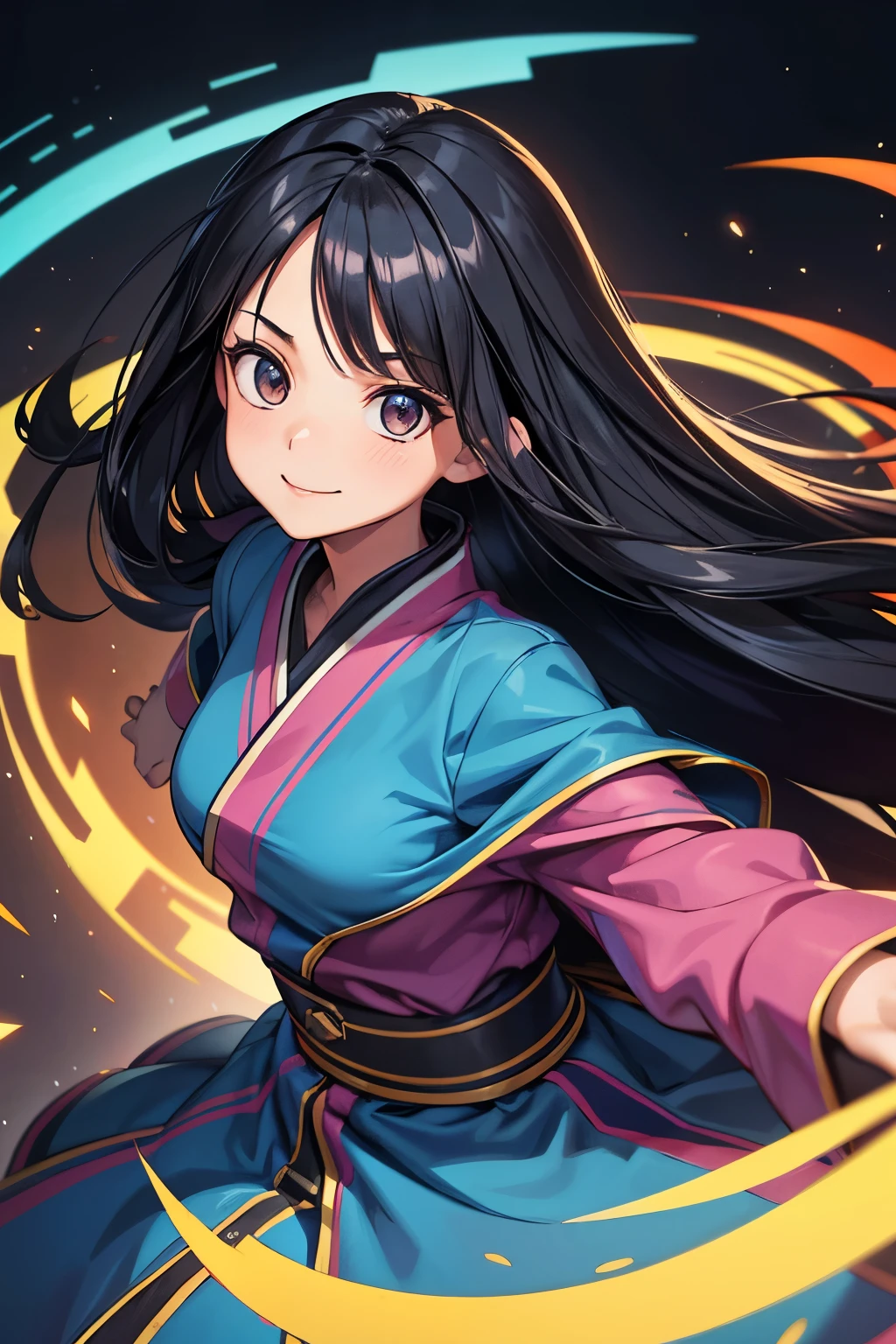 solo, woman, colorful outfit, black hair, long hair, floating hair, shiny hair, jewelry, light smile, detailed beautiful face and eyes, vivid color, cinematic lighting, jpeg artifacts, Eye-Level Shot, drop shadow, depth of field, hyperrealism, Ghibli-like colours, atmospheric perspective, tachi-e, masterpiece, retina, ccurate, best quality, highres, 4K, super detail