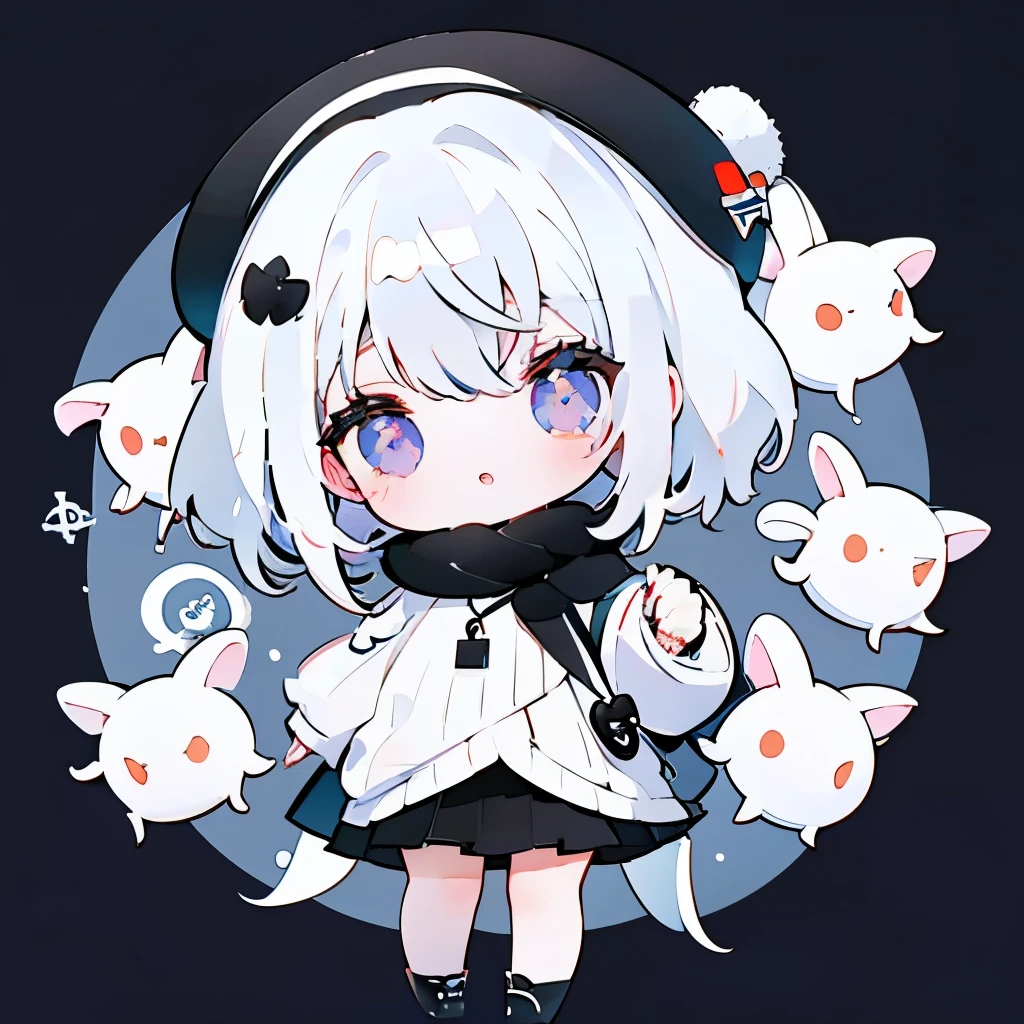 white  hair、Viola、White knitwear、Black beret、girl with、Medium Hair、Full body,Chibi、frontage、💜👻🦀、