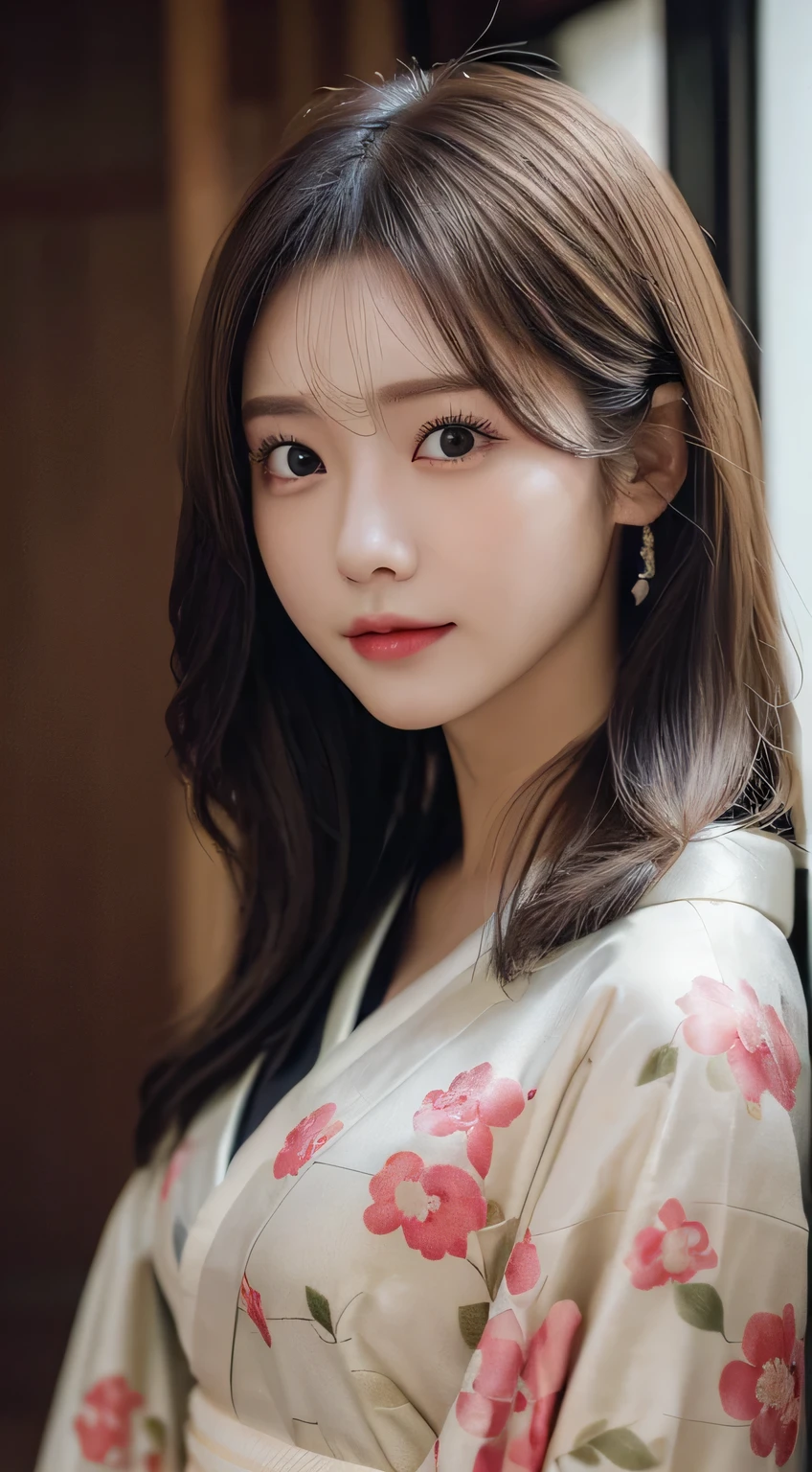 ((Kimono)）、(age19、Lashes:0.5)、inside in room、(top-quality,​masterpiece:1.3,超A high resolution,),(ultra-detailliert,Caustics),(Photorealsitic:1.4,RAW shooting,)Ultra-realistic capture,A highly detailed,high-definition16Kfor human skin、 Skin texture is natural、The skin looks healthy with an even tone、 Use natural light and color、(One Woman)、japanes,,kawaii,A dark-haired,Middle hair,(depth of fields、chromatic abberation、Wide range of lighting、Natural Shading)