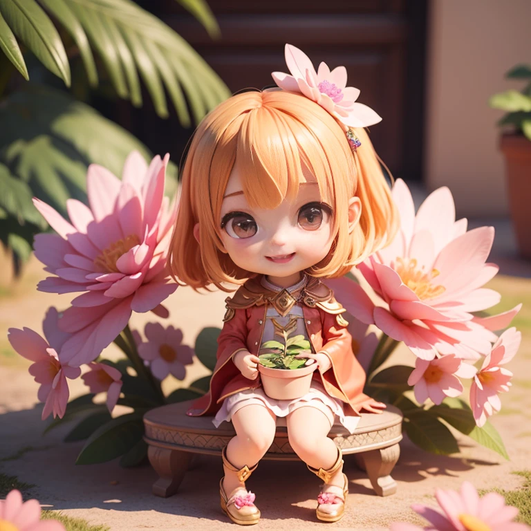Cute Chibi selena mobile legend,(((Chibi 3D))) (Best Quality) (Master Price)、(Chibi :1.3)、Sitting on smoky pink flowers、specimen、houseplant、Open your mouth and smile、Jewelry Decoration Costumes