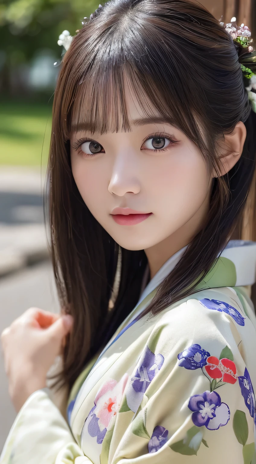 ((Kimono))、(age19、Lashes:0.5)、(top-quality,masterpiece:1.3,超A high resolution,),(ultra-detailliert,Caustics),(Photorealsitic:1.4,RAW shooting,)Ultra-realistic capture,A highly detailed,high-definition16Kfor human skin、 Skin texture is natural、The skin looks healthy with an even tone、 Use natural light and color、(One Woman)、japanes,,kawaii,A dark-haired,Middle hair,(depth of fields、chromatic abberation、Wide range of lighting、Natural Shading)