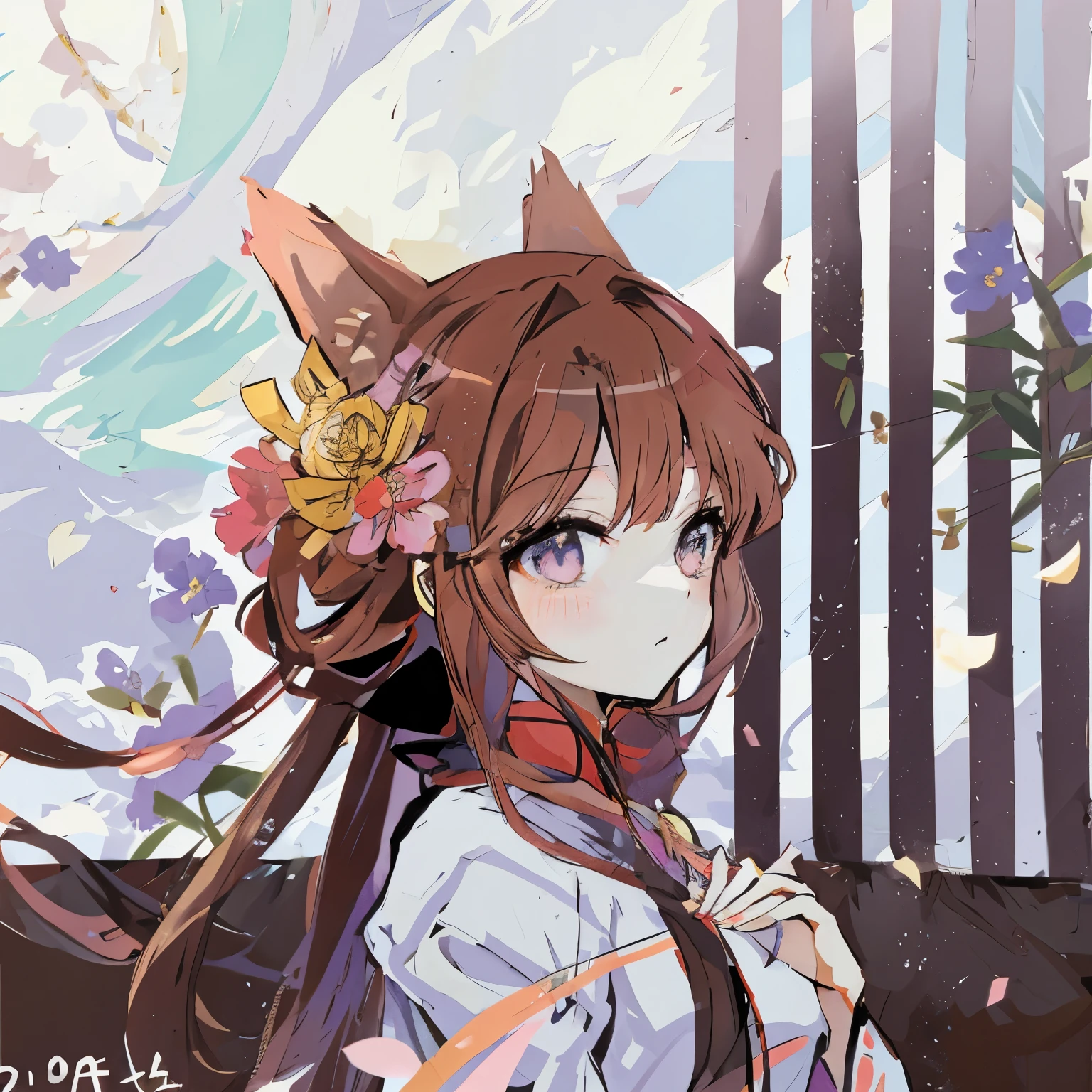 animemanga girl with long hair and a cat ears with flowers in her hair, Holo is a wolf girl, (animemanga girl), animemanga girl with cat ears, Anime cute art style, Beuatiful anime catgirl, anime art style, Zero art, very Beuatiful anime cat girl, If Holo were a wolf girl, Anime style 4k, Beuatiful anime, Beuatiful anime art style