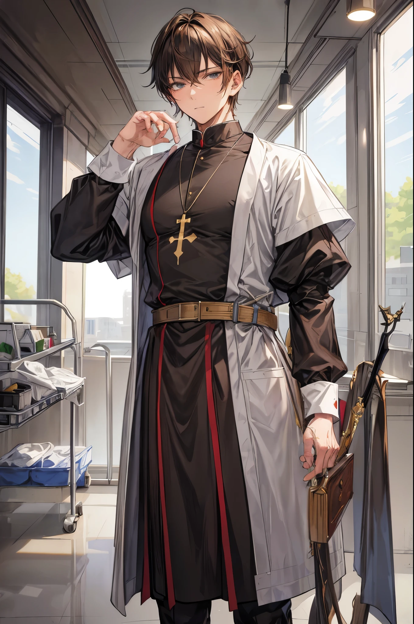 (flat color:1.1),(masterpiece:1.2), best quality, masterpiece, original,short brown hair (mature, handsome man looking at the camera at a hospital:1.2), medieval male nurse