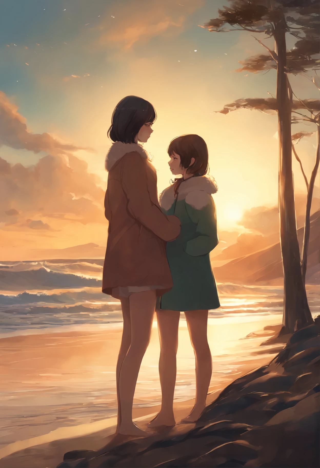 Lots of young women, women from different worlds (snowfall, Christmas tree, New Year's toys, Beach, Falling snow, waves, Sand)contact each other, anime couple two girls friends brunette and blonde, standing on a ledge and watching the sunset, clouds and rainbow below, guweiz and makoto sinkai, in style of makoto sinkai, makoto sinkai cyril rolando, sakimichan and makoto sinkai, ross tran and makoto sinkai, ( ( makoto sinkai ) ), style of makoto sinkai