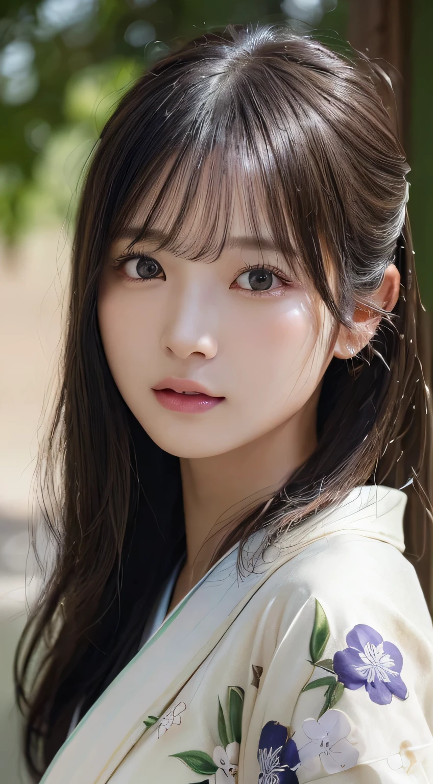 ((Kimono))、(age19、Lashes:0.5)、(top-quality,masterpiece:1.3,超A high resolution,),(ultra-detailliert,Caustics),(Photorealsitic:1.4,RAW shooting,)Ultra-realistic capture,A highly detailed,high-definition16Kfor human skin、 Skin texture is natural、The skin looks healthy with an even tone、 Use natural light and color、(One Woman)、japanes,,kawaii,A dark-haired,Middle hair,(depth of fields、chromatic abberation、Wide range of lighting、Natural Shading)