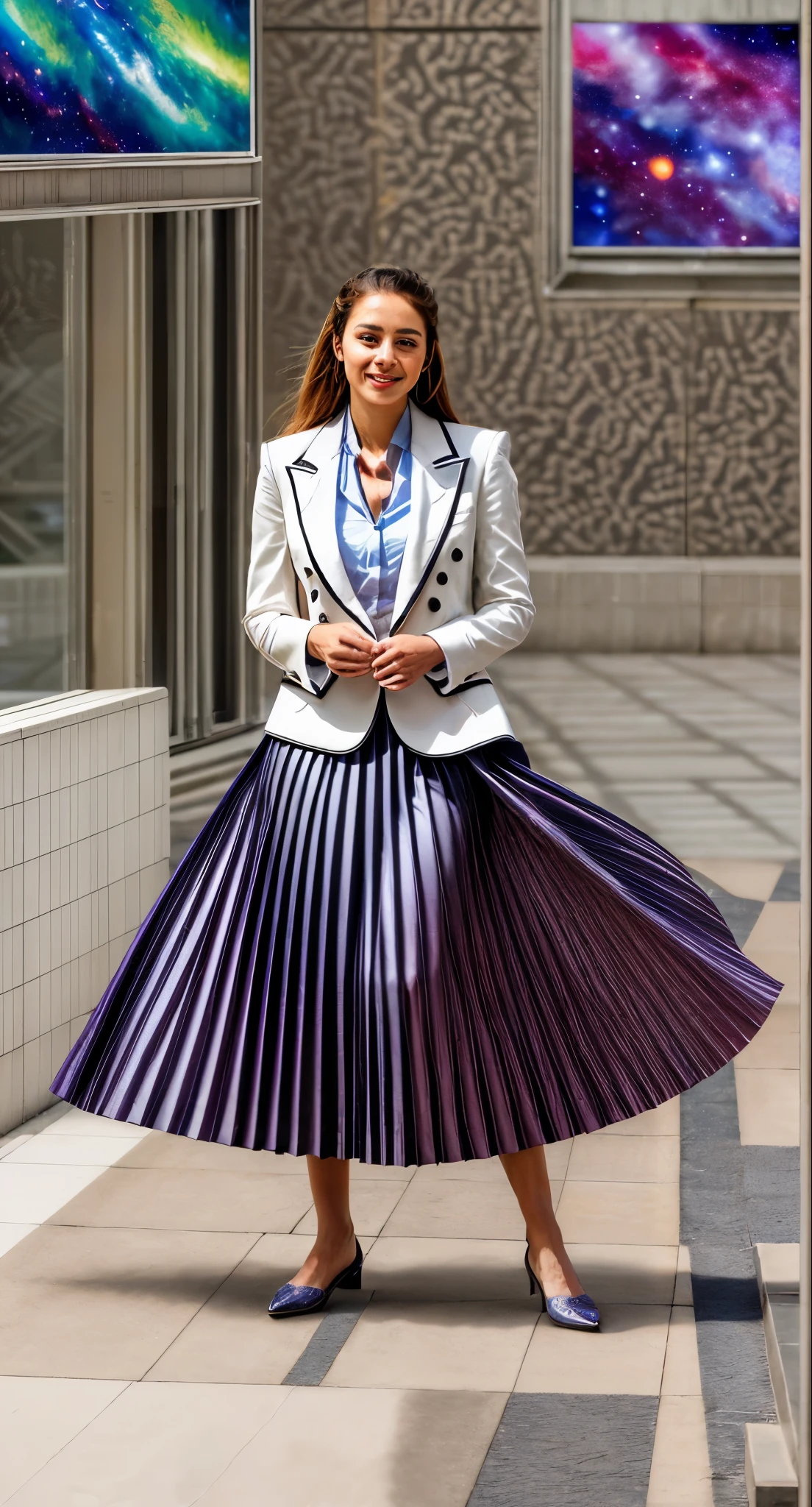 (authentic:1,5) (shy smiling:1,1) woman wearing very detailed (long (pleated) full circle skirt) and (low heeled office shoes), very very intricate hyper-detailed symmetric (attractive graceful feminine face) with (sad, tired eyes and a shy smile), large breasts, full of empathy and compassion and love, (pronounced (feminine) features), (highly detailed ultra accurate realistic) hands and fingers, (windy conditions and wind blowing), epic composition, highly detailed attributes, highly detailed space station background, (35mm f1.4 Kodak portra 400 photograph), extremely high quality RAW photograph,